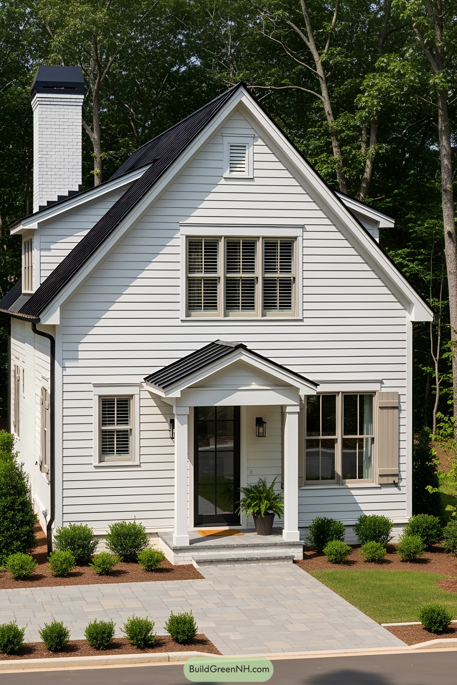 White cottage with black roof nestled among trees