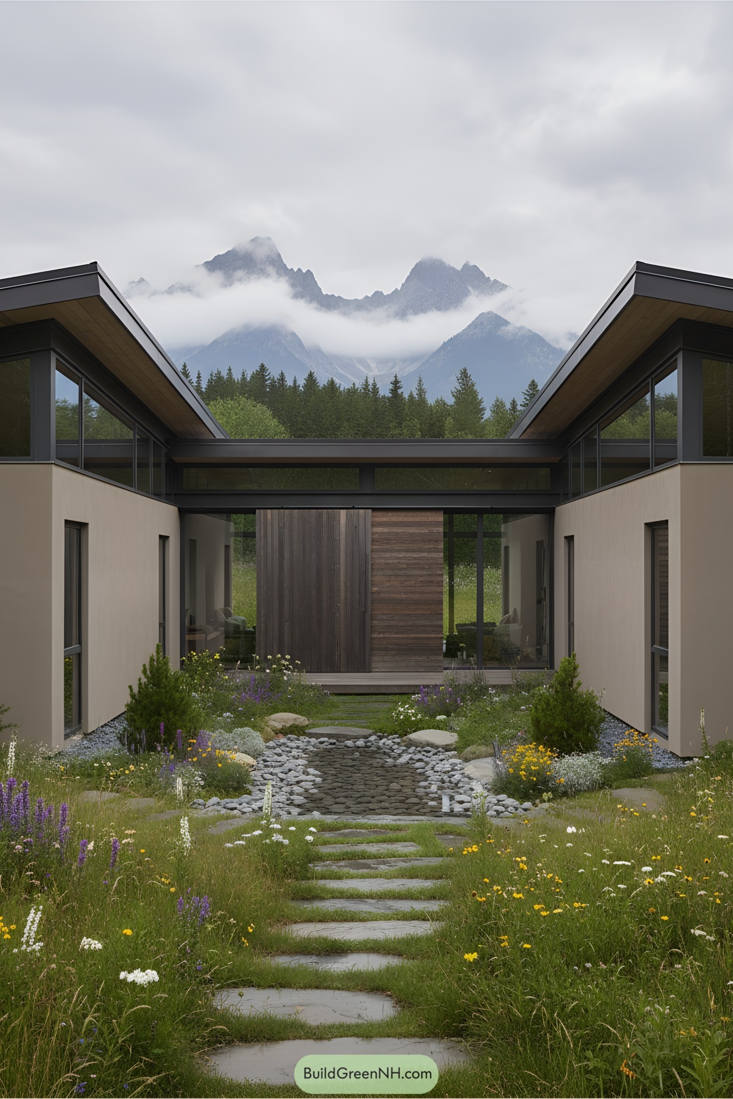 Modern U-shaped house with courtyard, nestled in a lush hillside