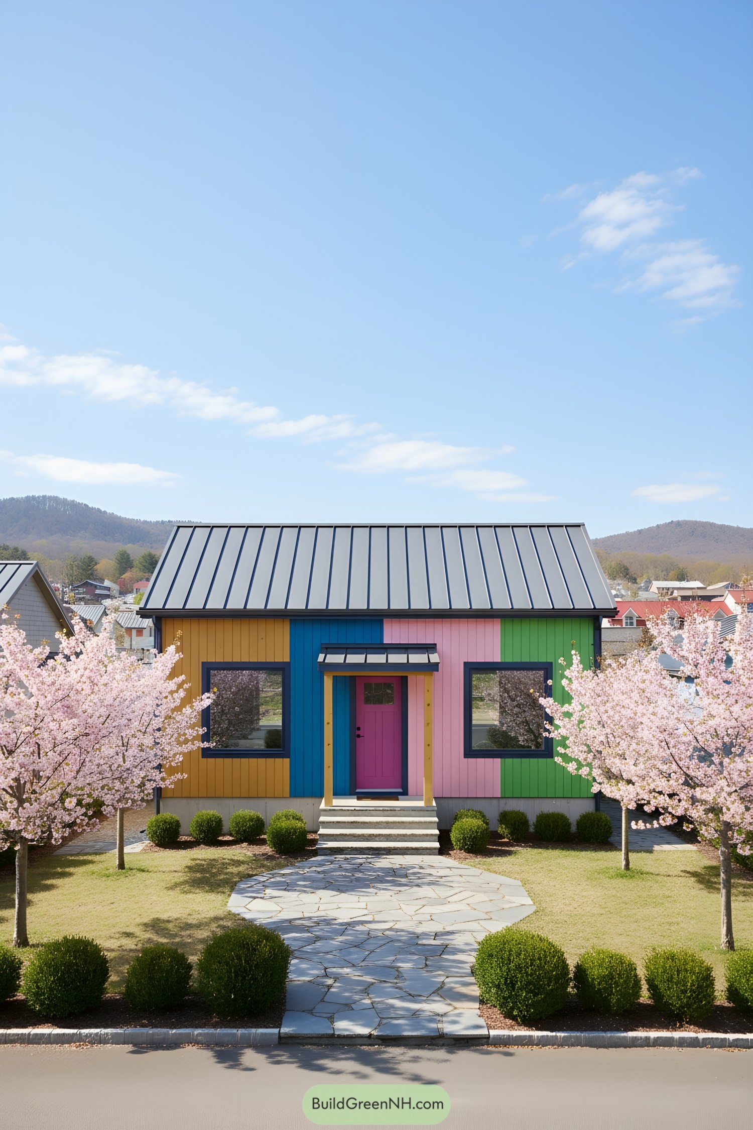 Colorful cottage with pink door and vibrant slats