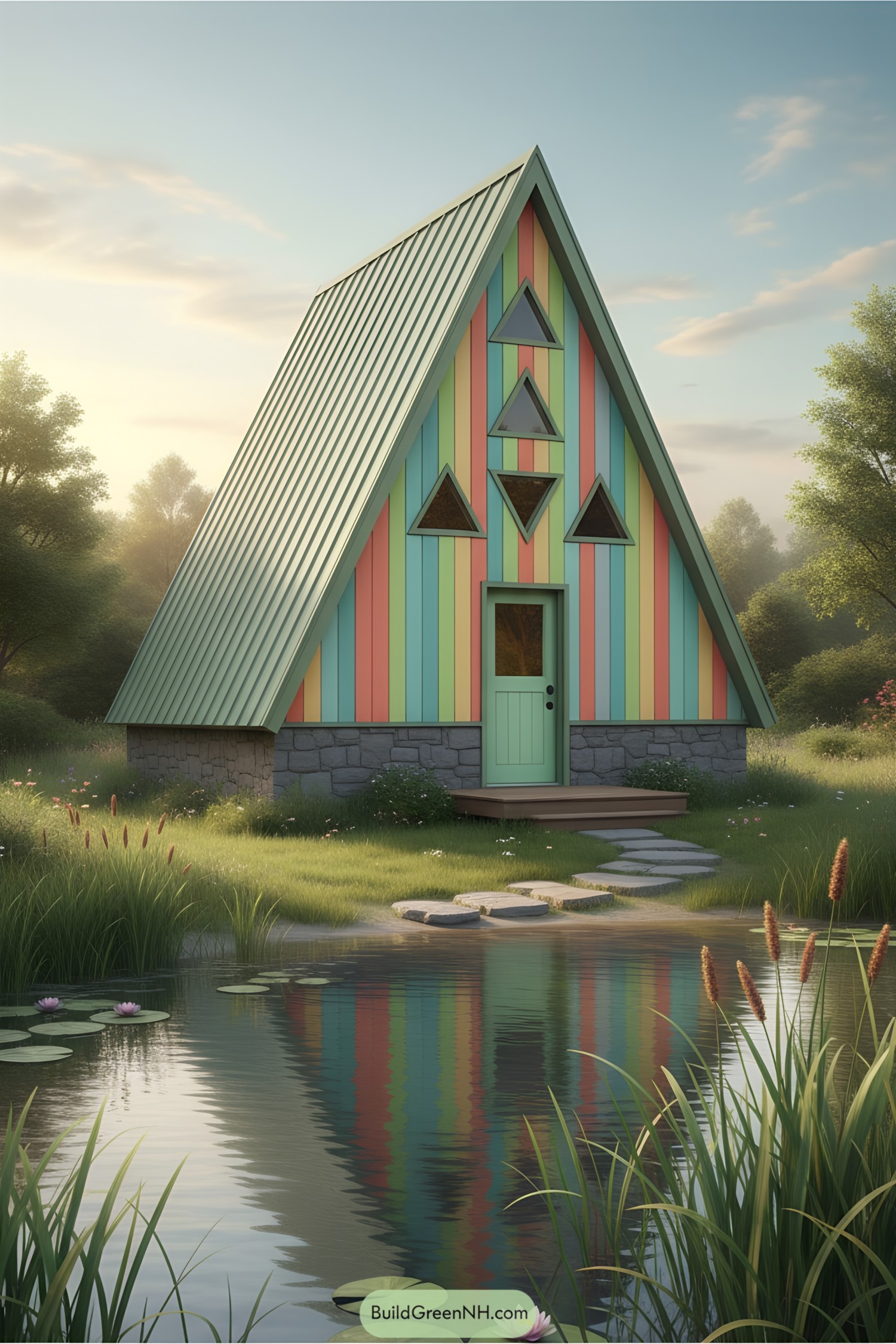 Whimsical cottage with colorful slats by a pond