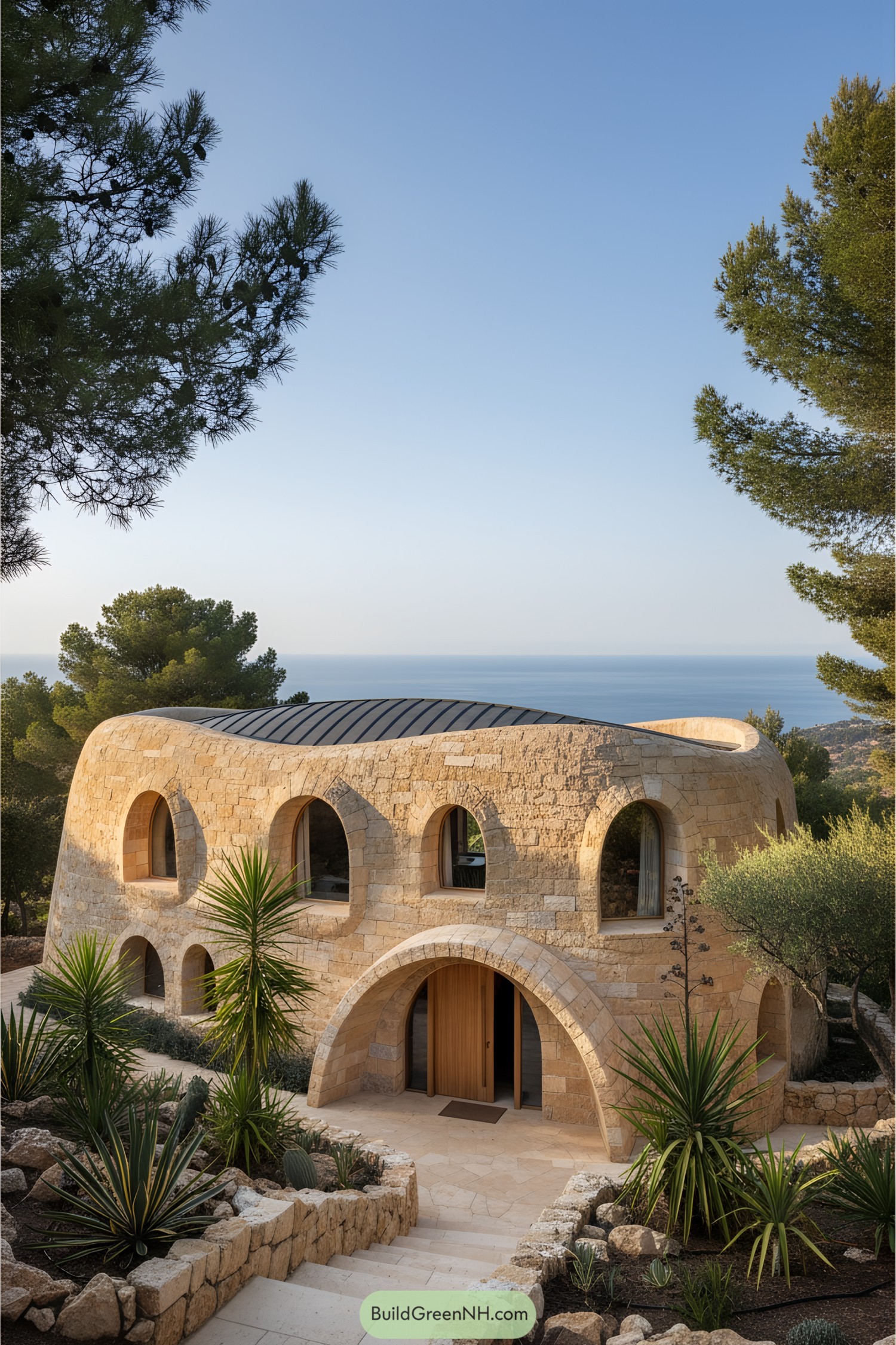 Stone house with arched windows nestled among trees