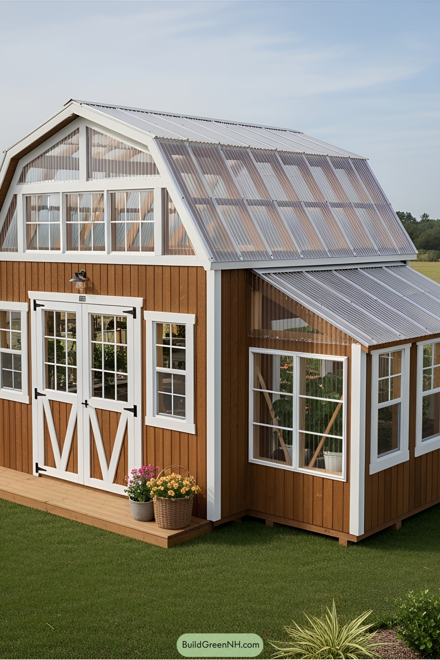 Wooden potting shed with large windows and a transparent roof