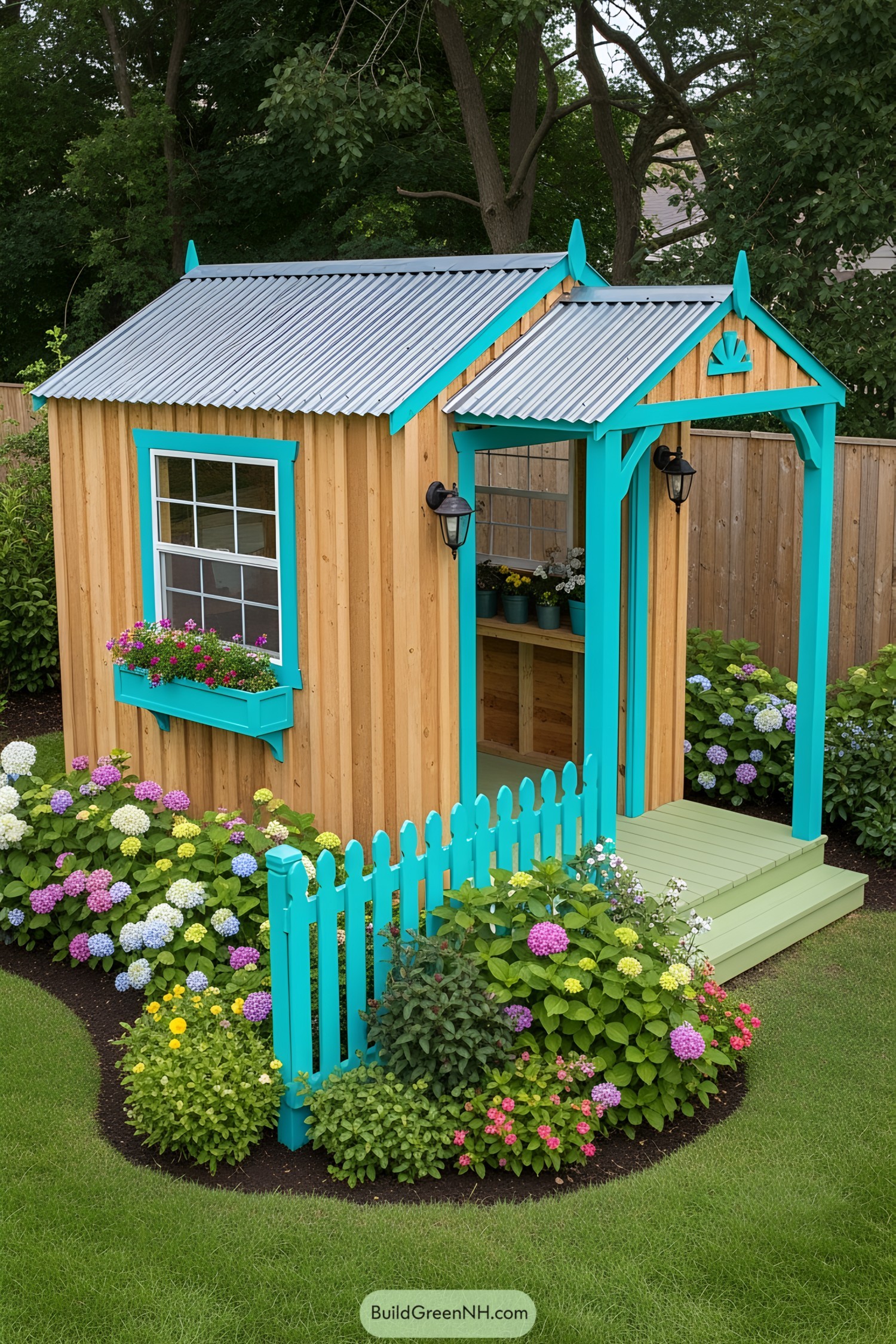 Colorful potting shed with teal accents and flowers