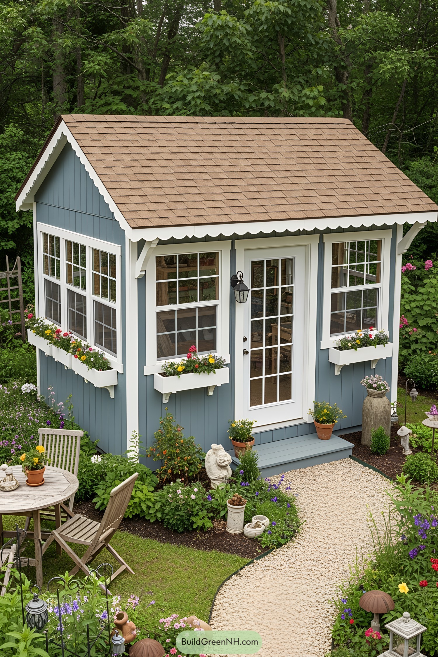 Small blue potting shed with plants and garden decor