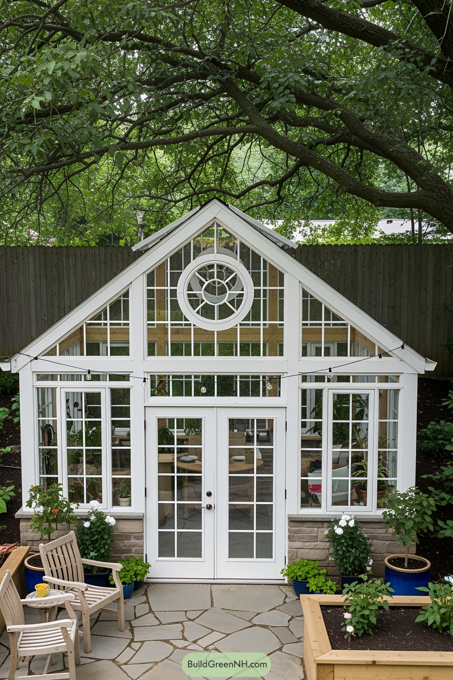 Charming potting shed with large windows and a circular window feature