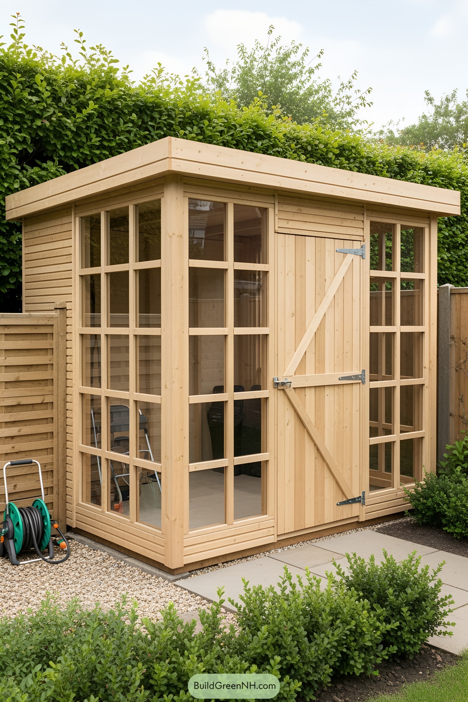 Wooden potting shed with large glass panels
