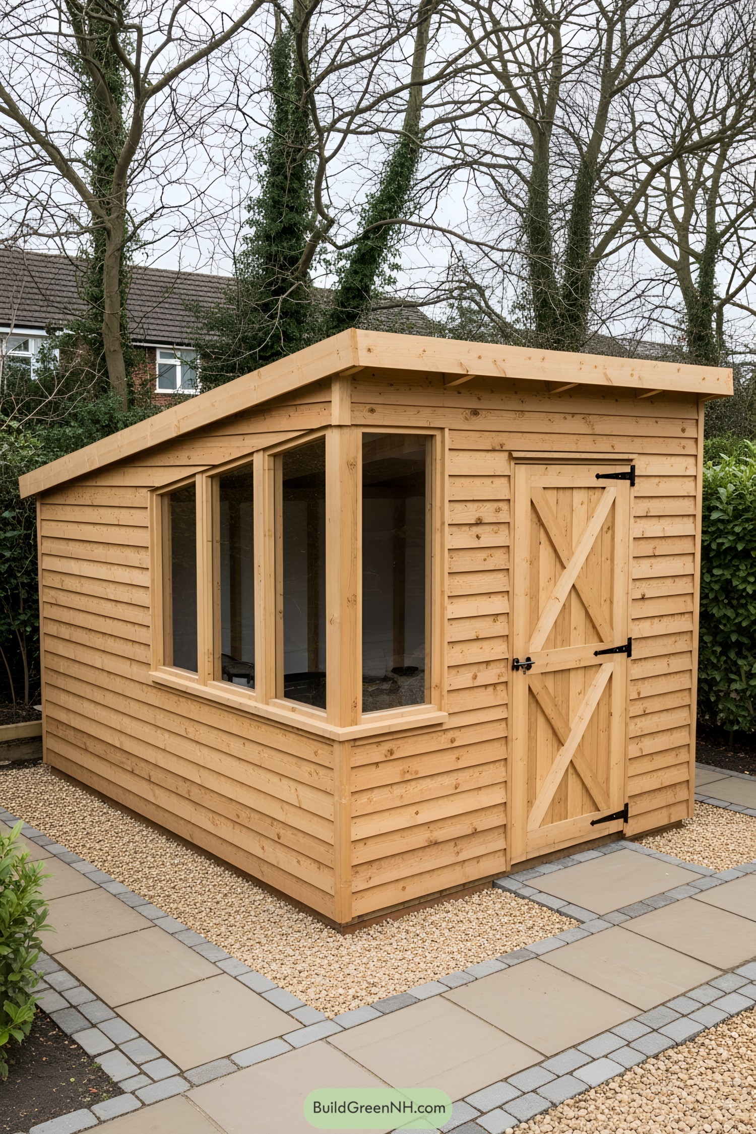 Cozy wooden potting shed with large windows and door