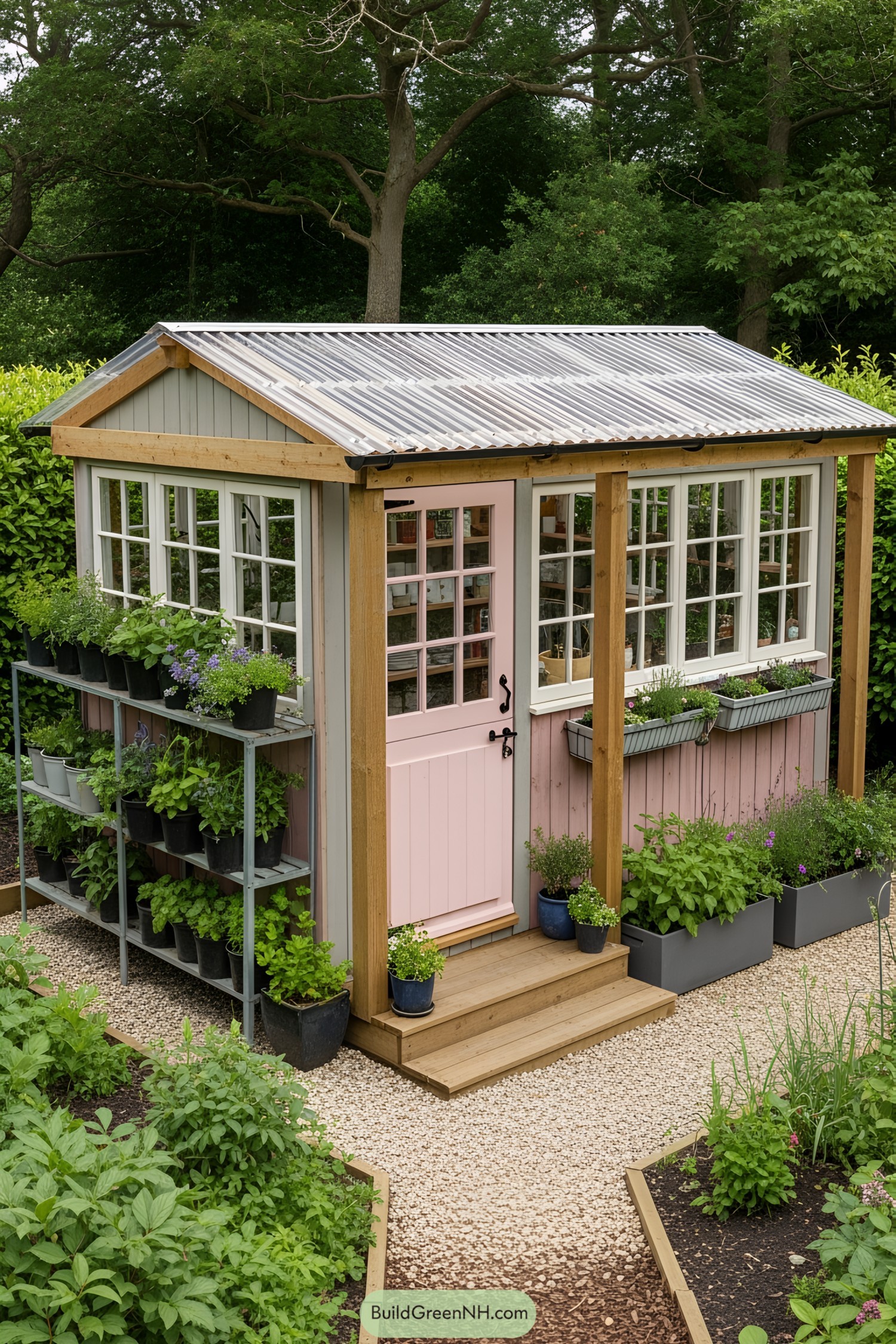 Cozy garden shed surrounded by lush greenery