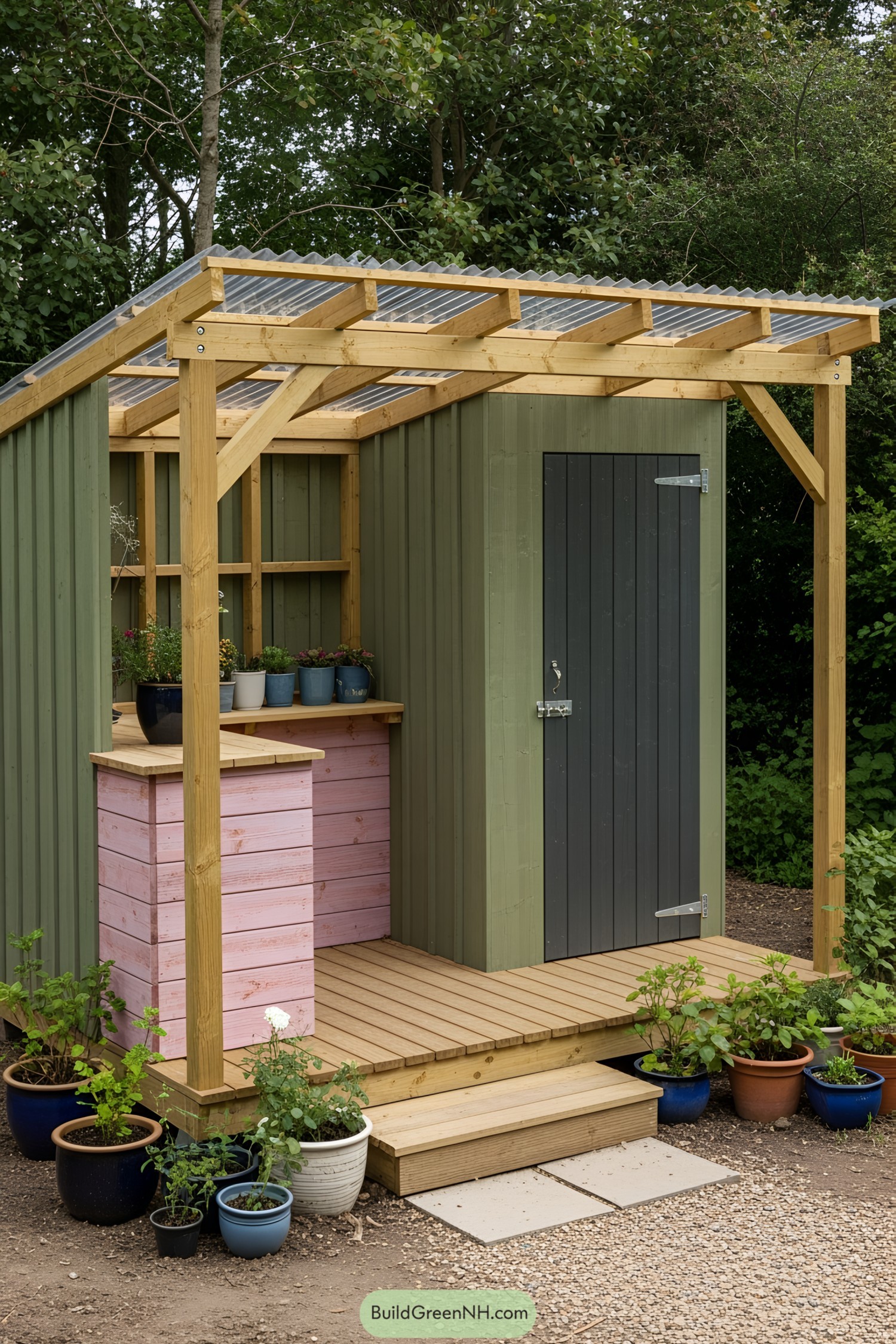 Small green and pink potting shed with a wooden deck