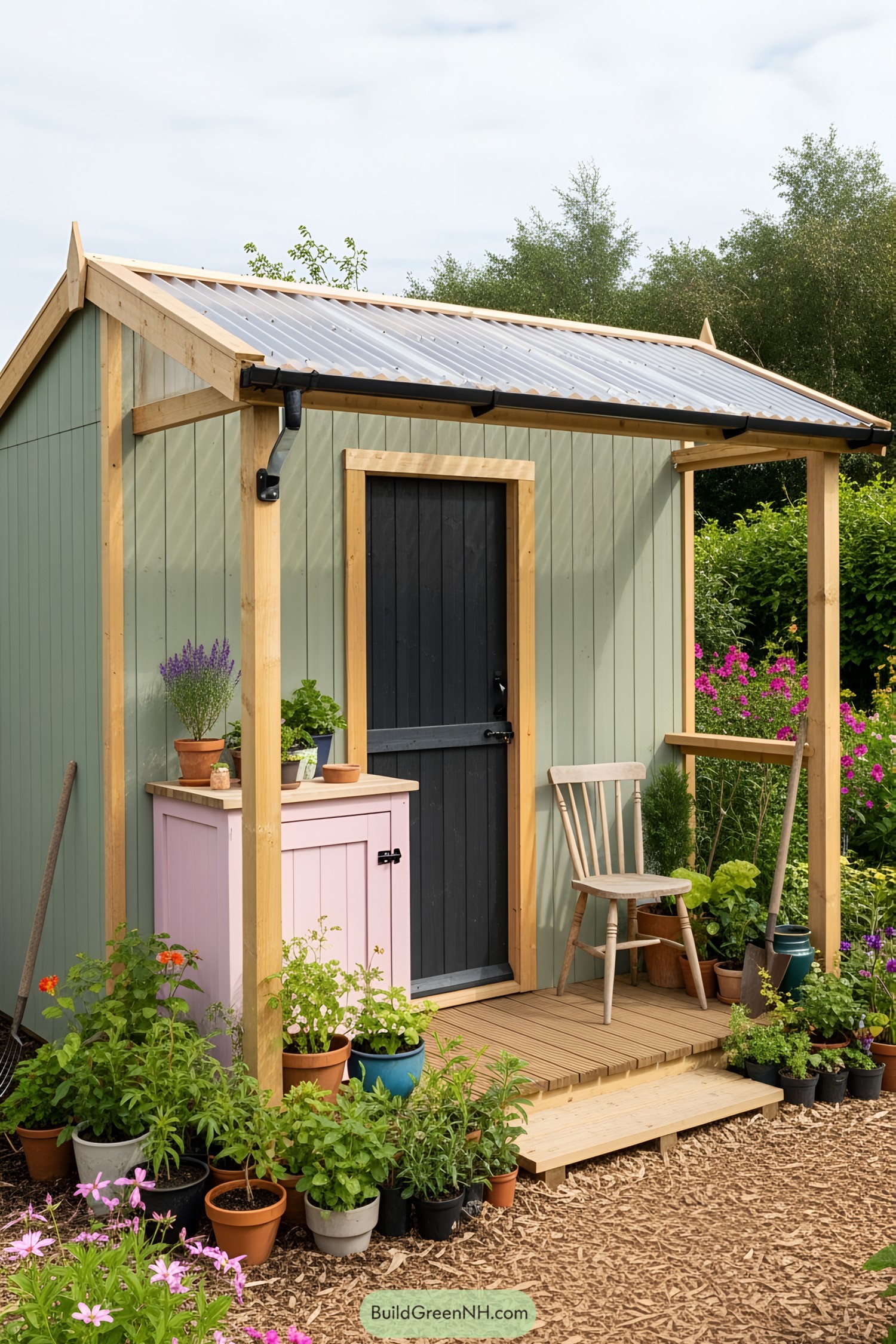 Small potting shed with plants and a chair
