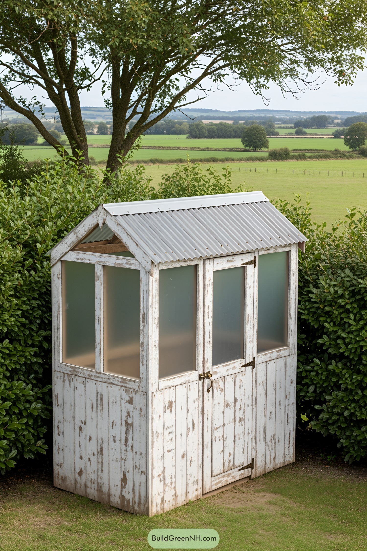 Small weathered potting shed in a lush garden