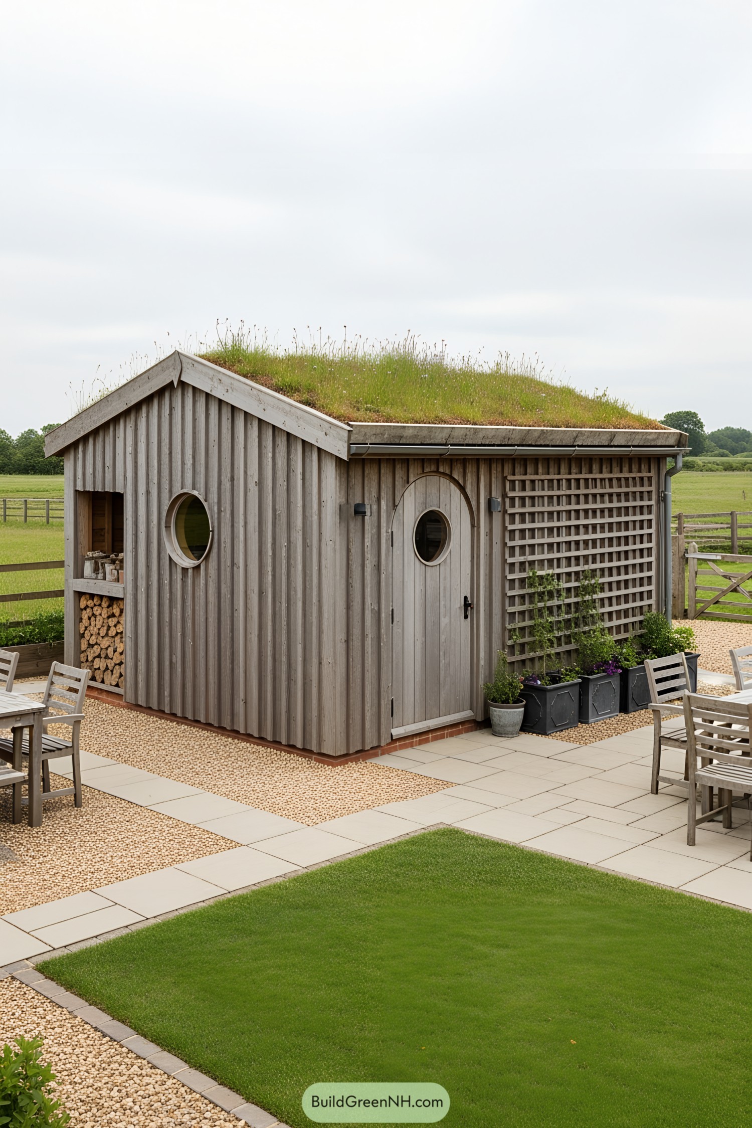 Simple wooden garden shed with a green roof