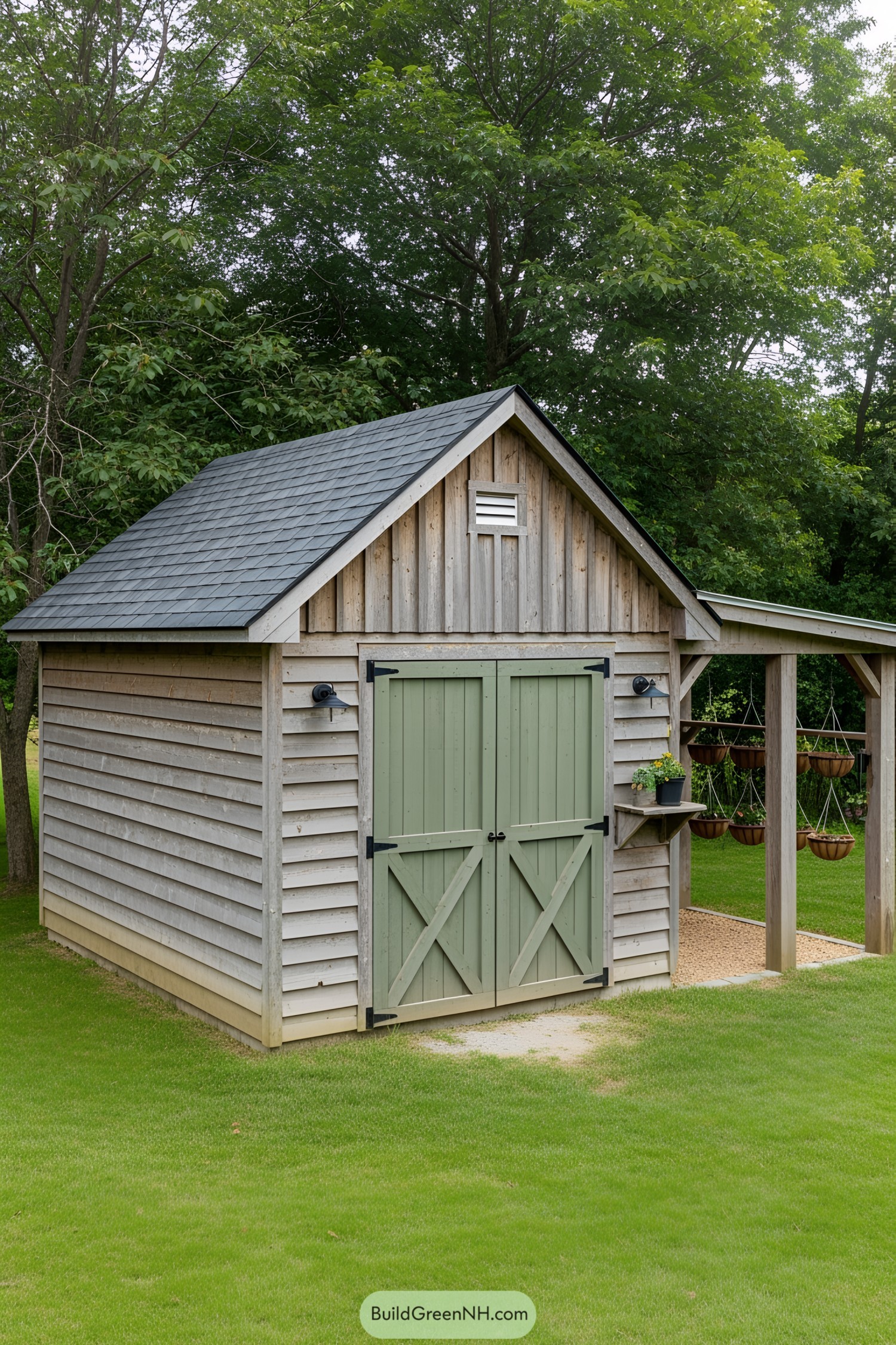 Charming potting shed surrounded by greenery
