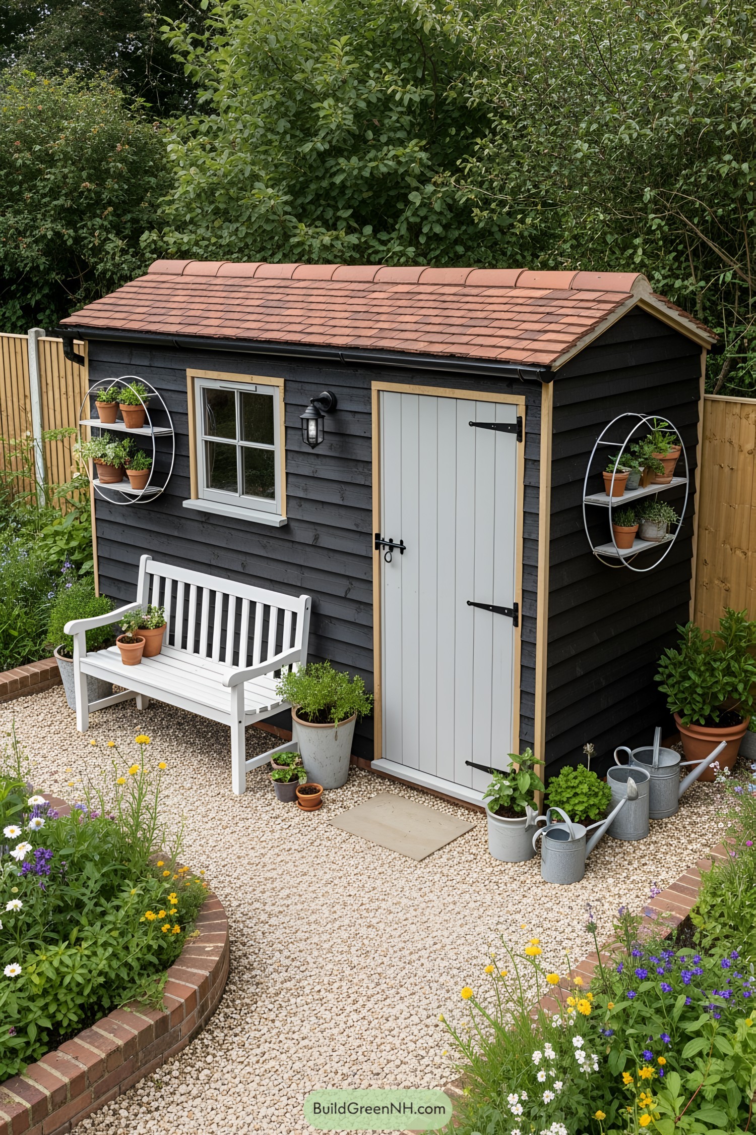 Cozy potting shed with a bench and potted plants