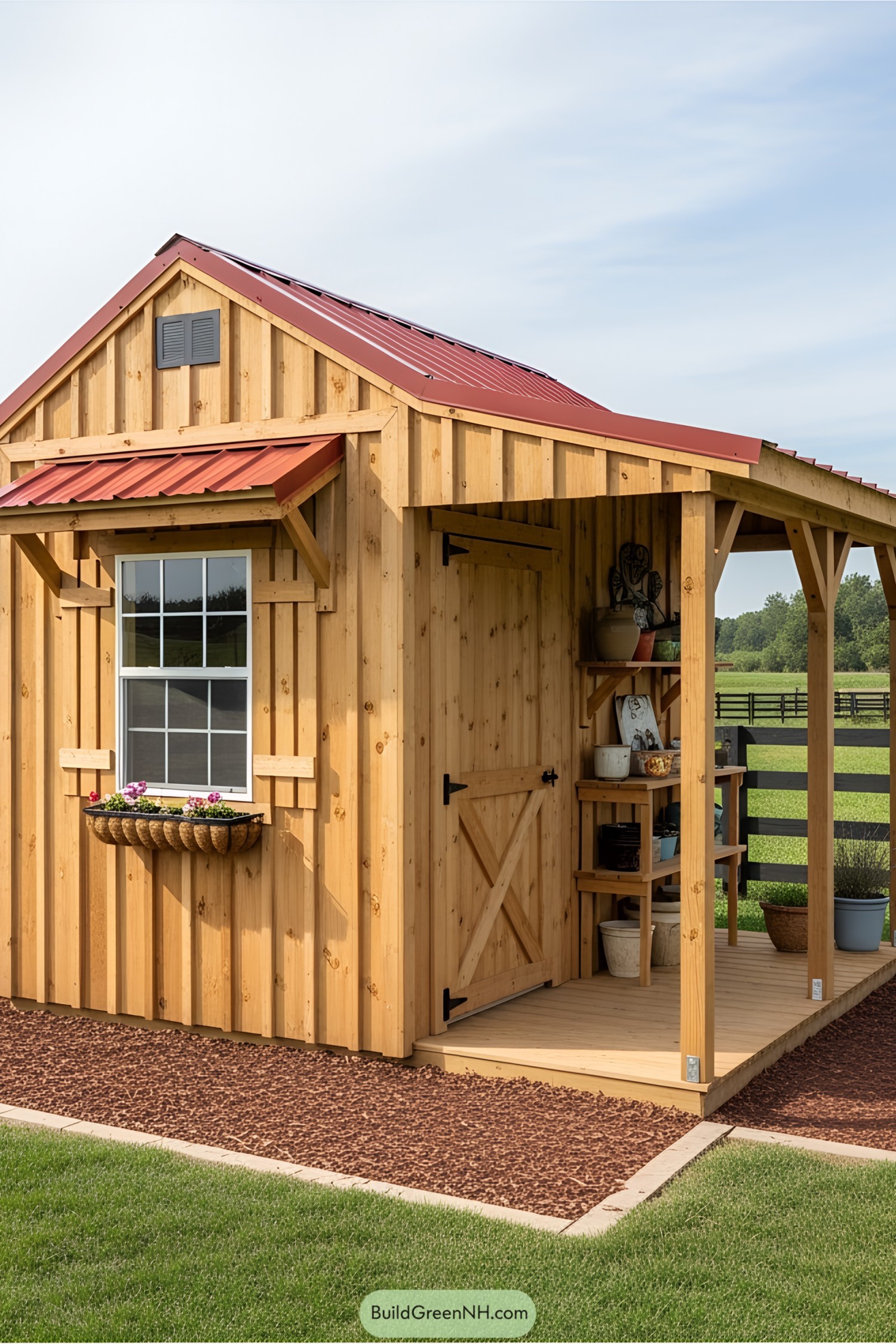 Small wooden potting shed with an overhang and red roof