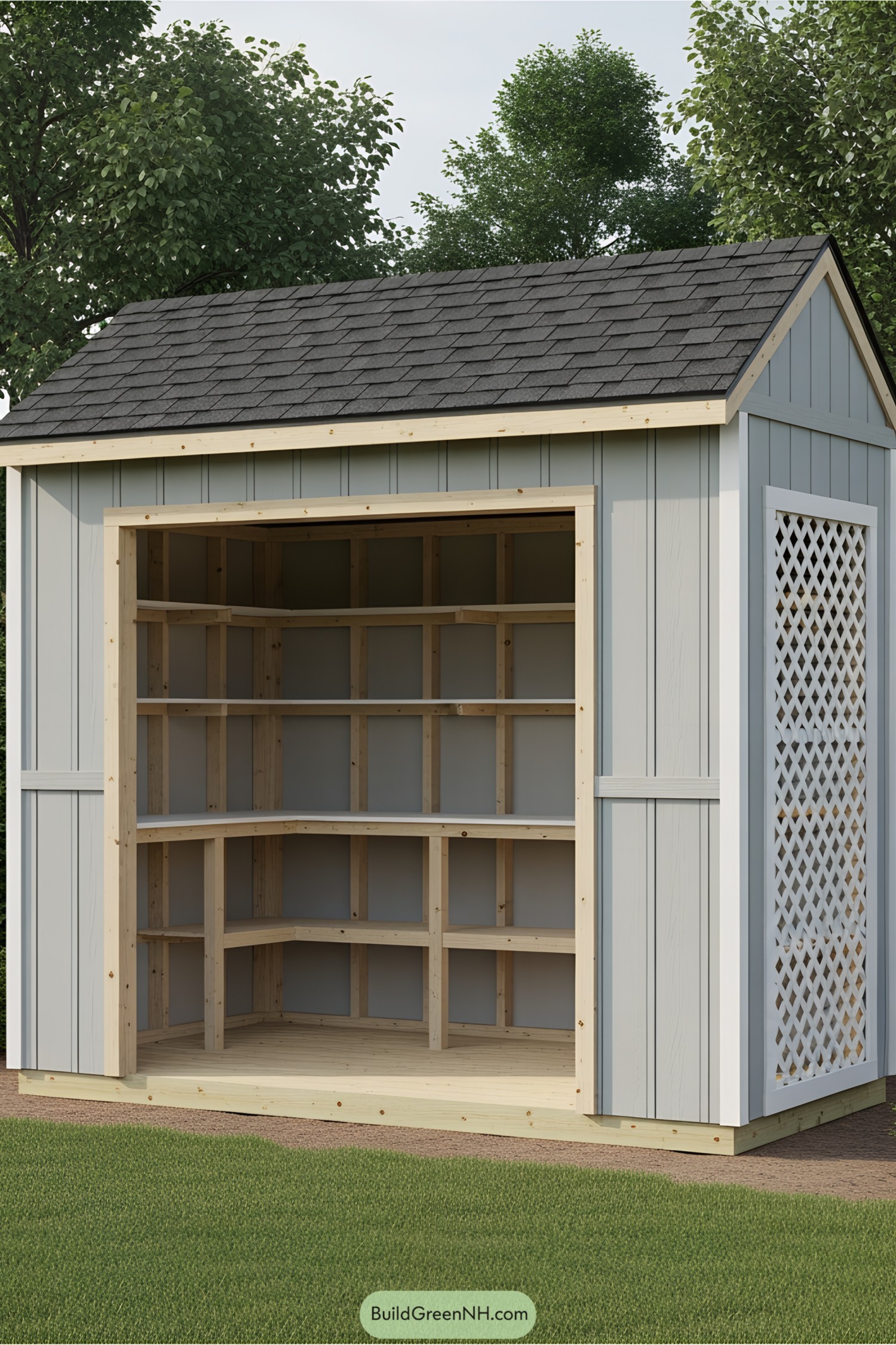 Simple potting shed with open shelving