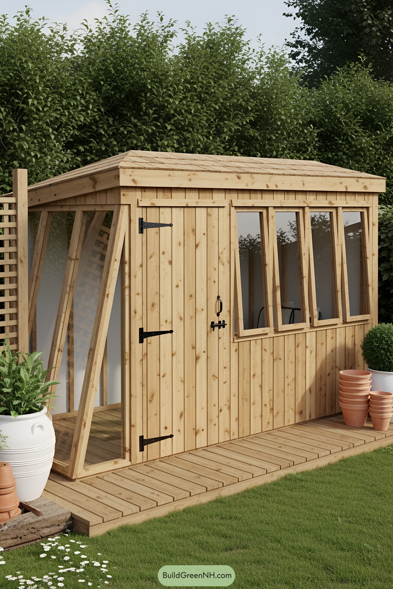 Wooden potting shed with windows
