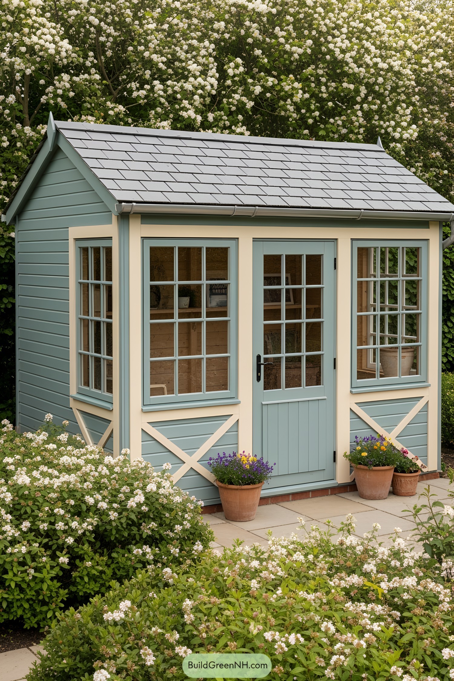 Charming blue potting shed surrounded by lush greenery
