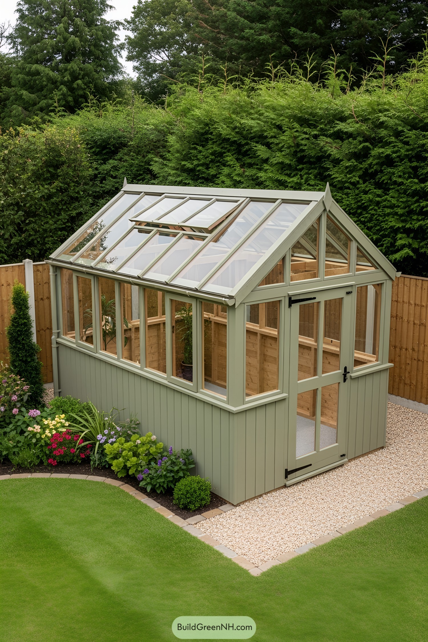 Garden shed with glass roof and green walls