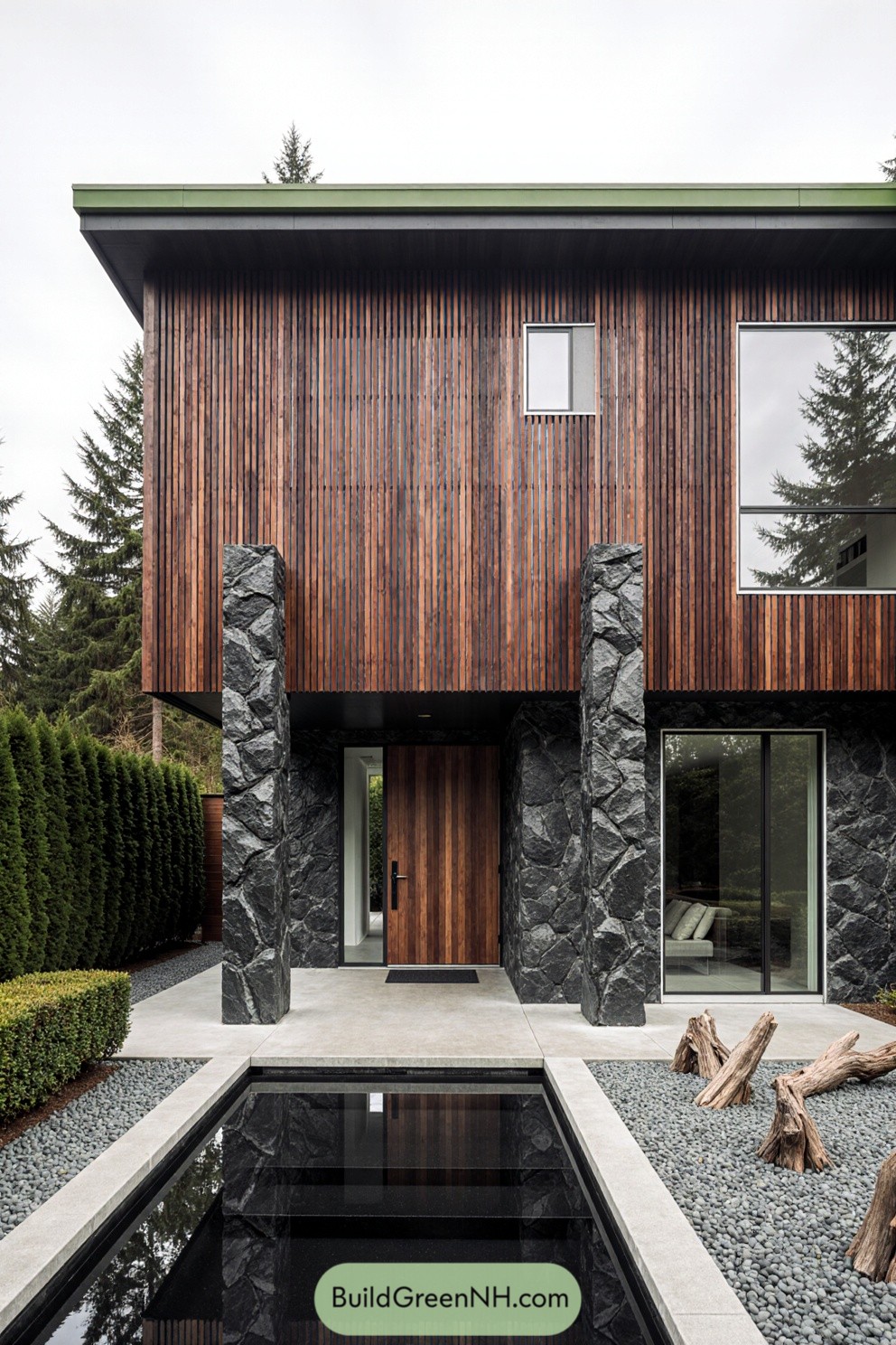Modern house with timber cladding and stone accents