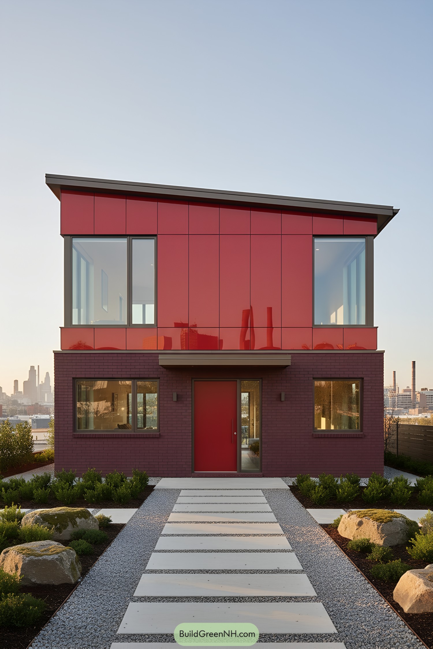 Modern red house with large windows and sleek design