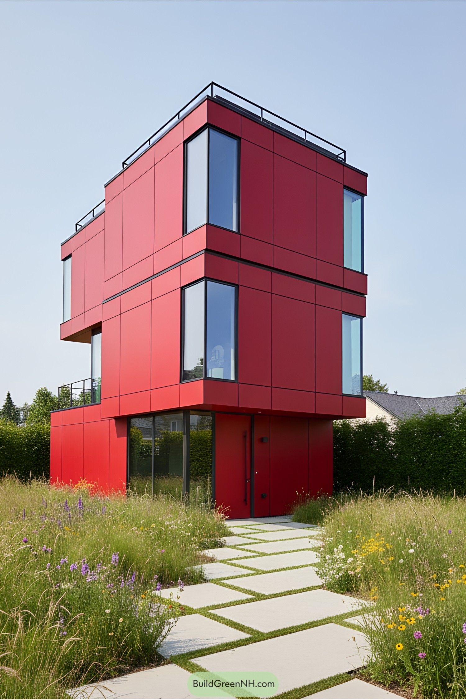 Modern red house with large windows and a pathway