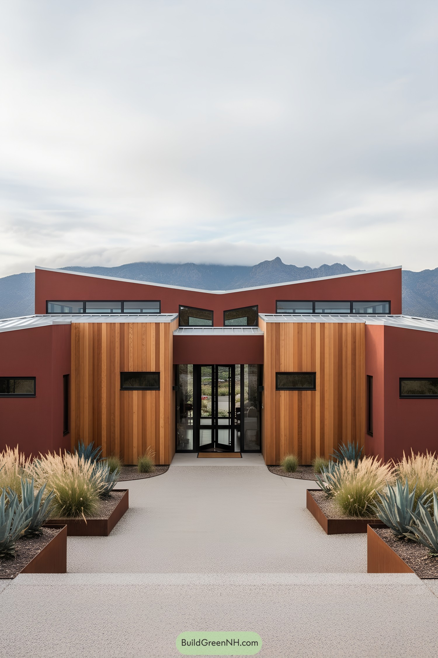 A bold red house with wooden accents