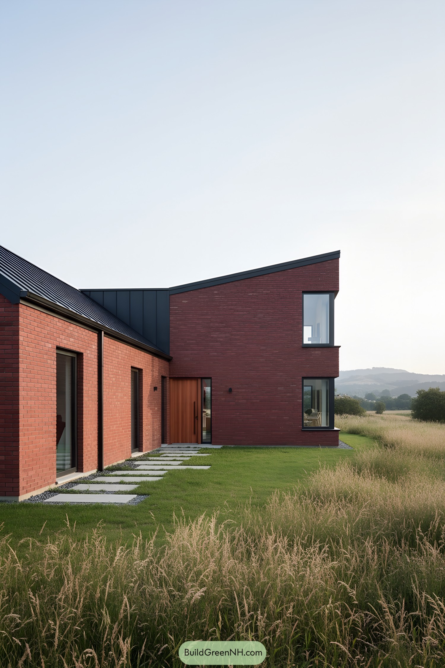 Modern red brick house with sloped roof and large windows