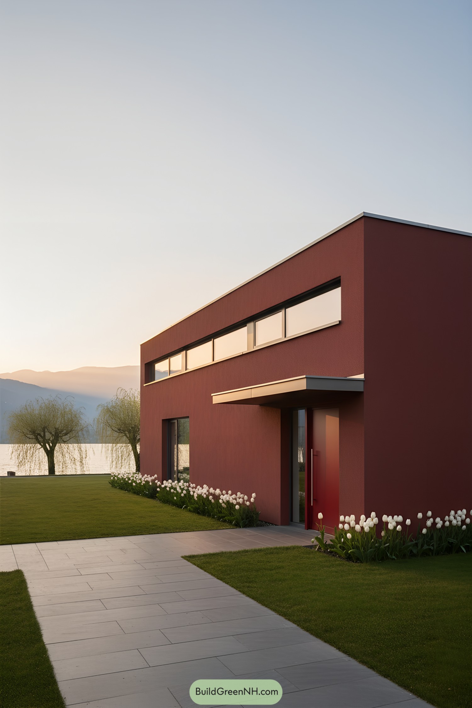 Modern red house with sleek design by a lake