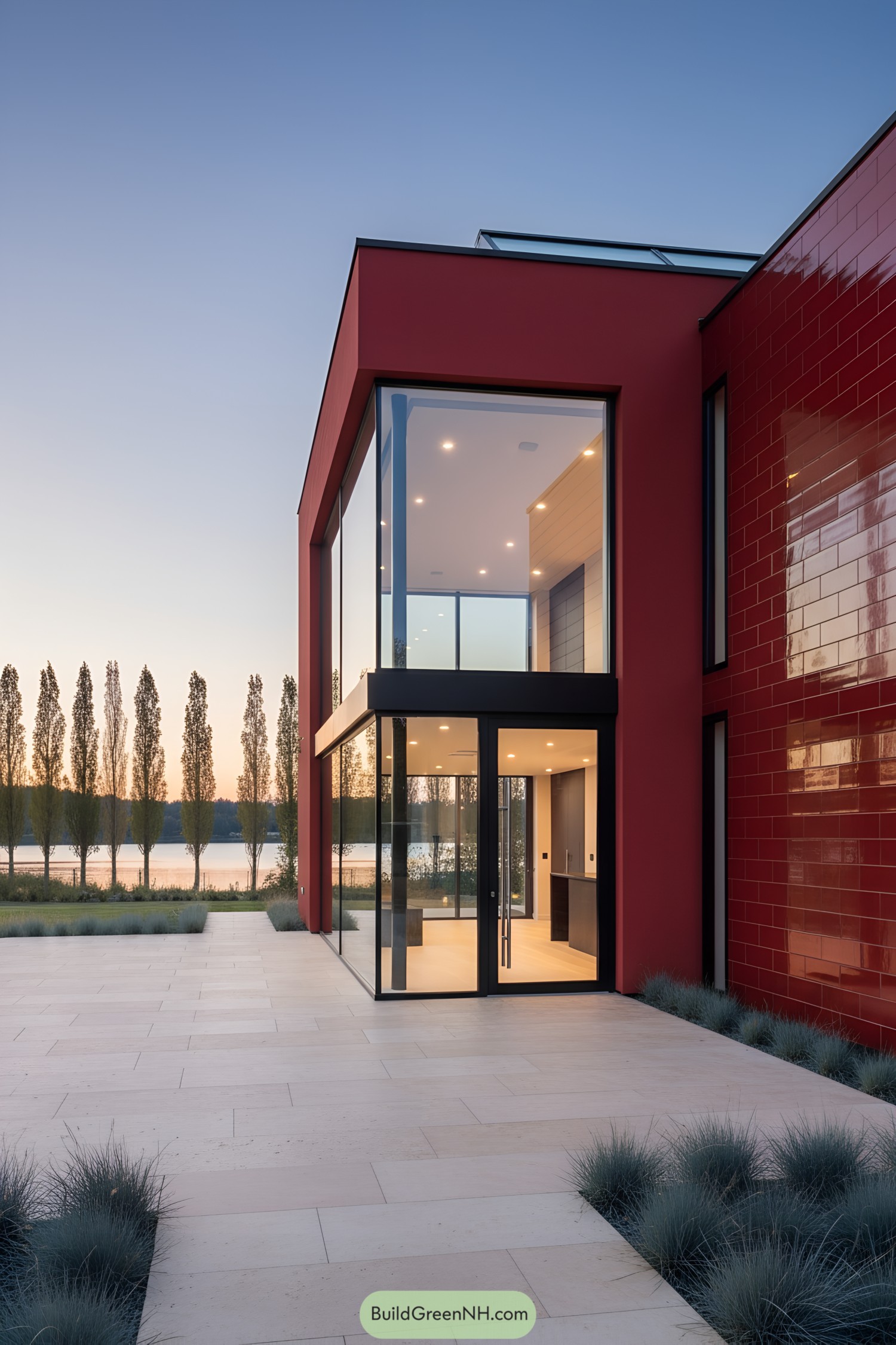 Modern red house with expansive glass windows
