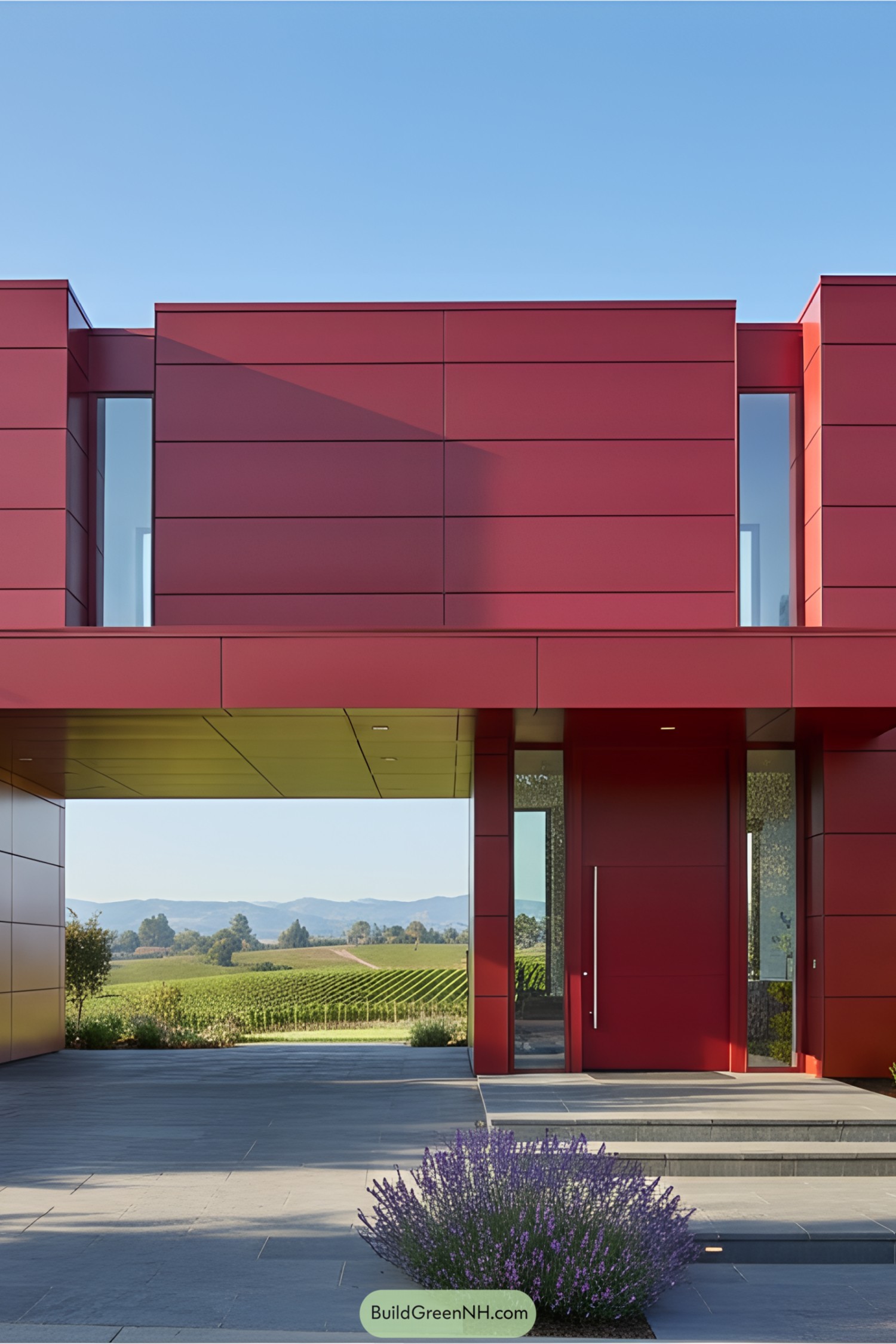 Bright red modern house with scenic vineyard view