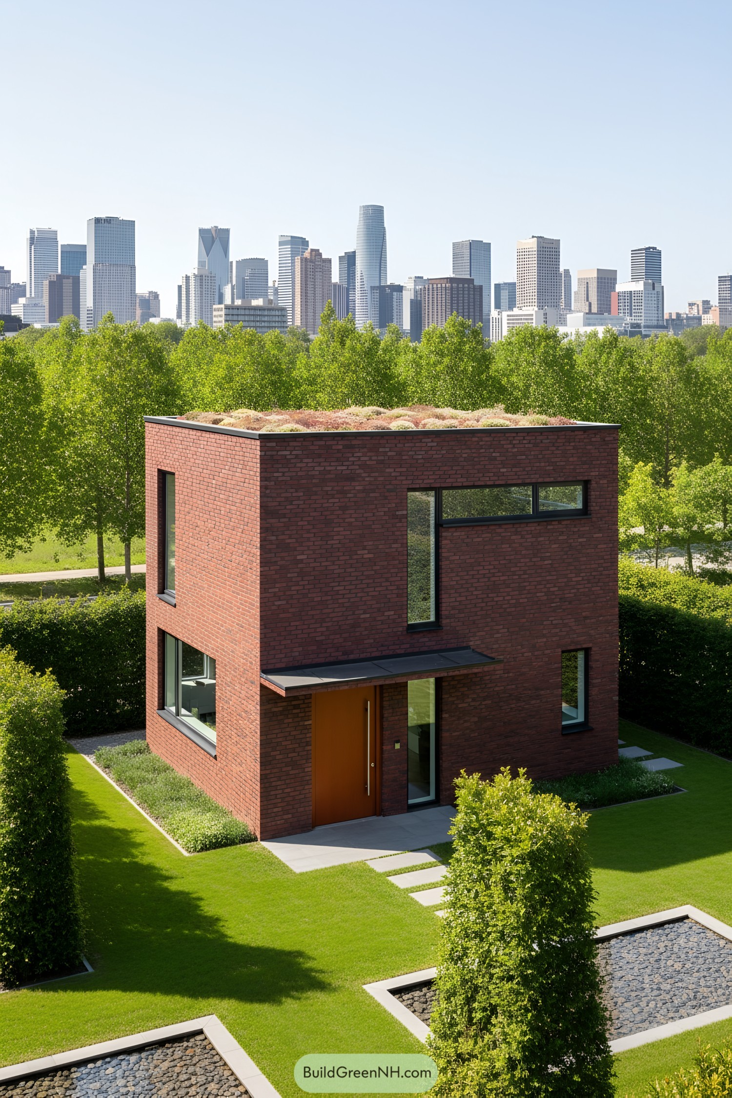 Compact modern red-brick house with a city skyline backdrop