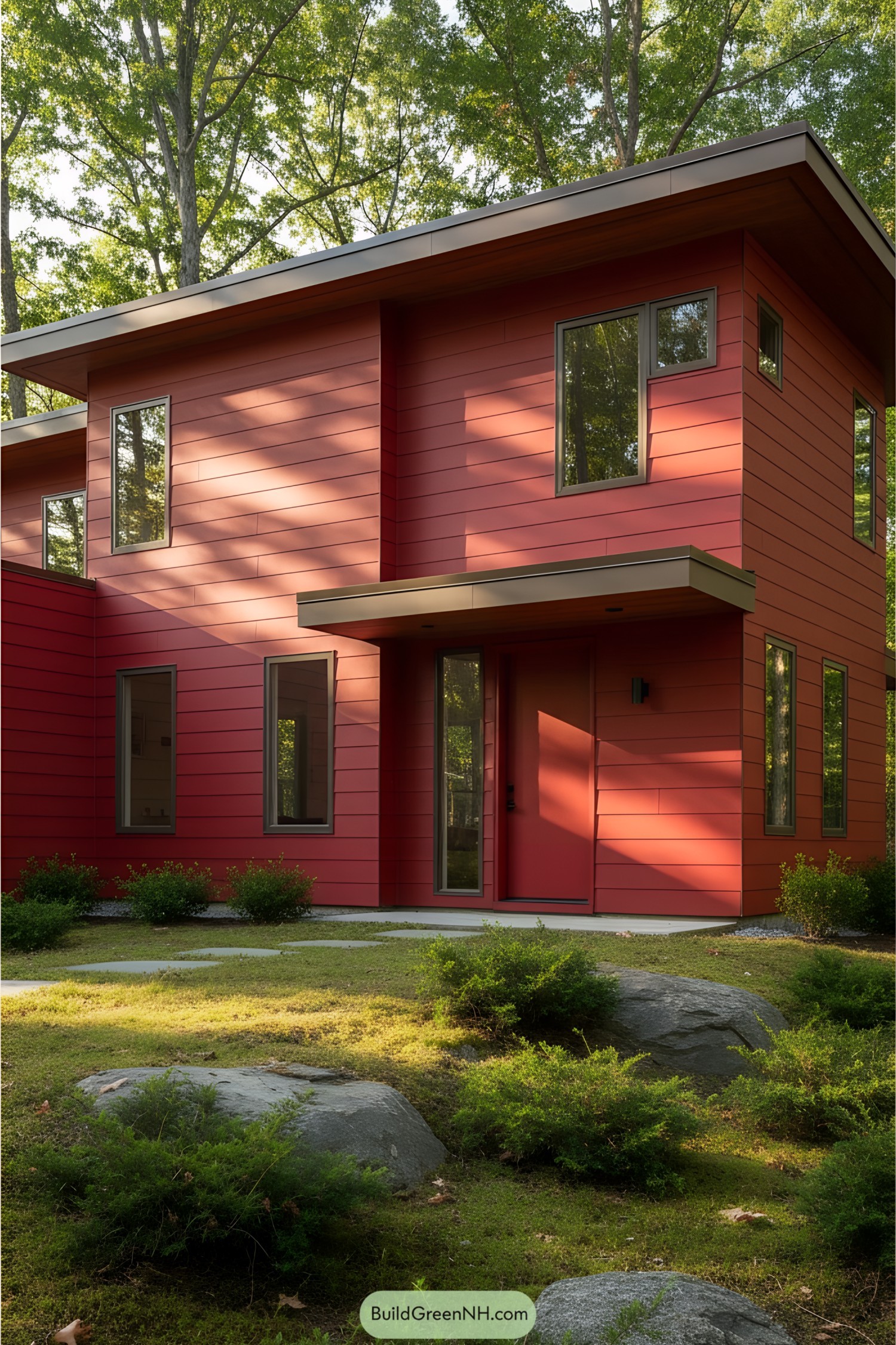 Vivid red house with sleek modern design surrounded by trees