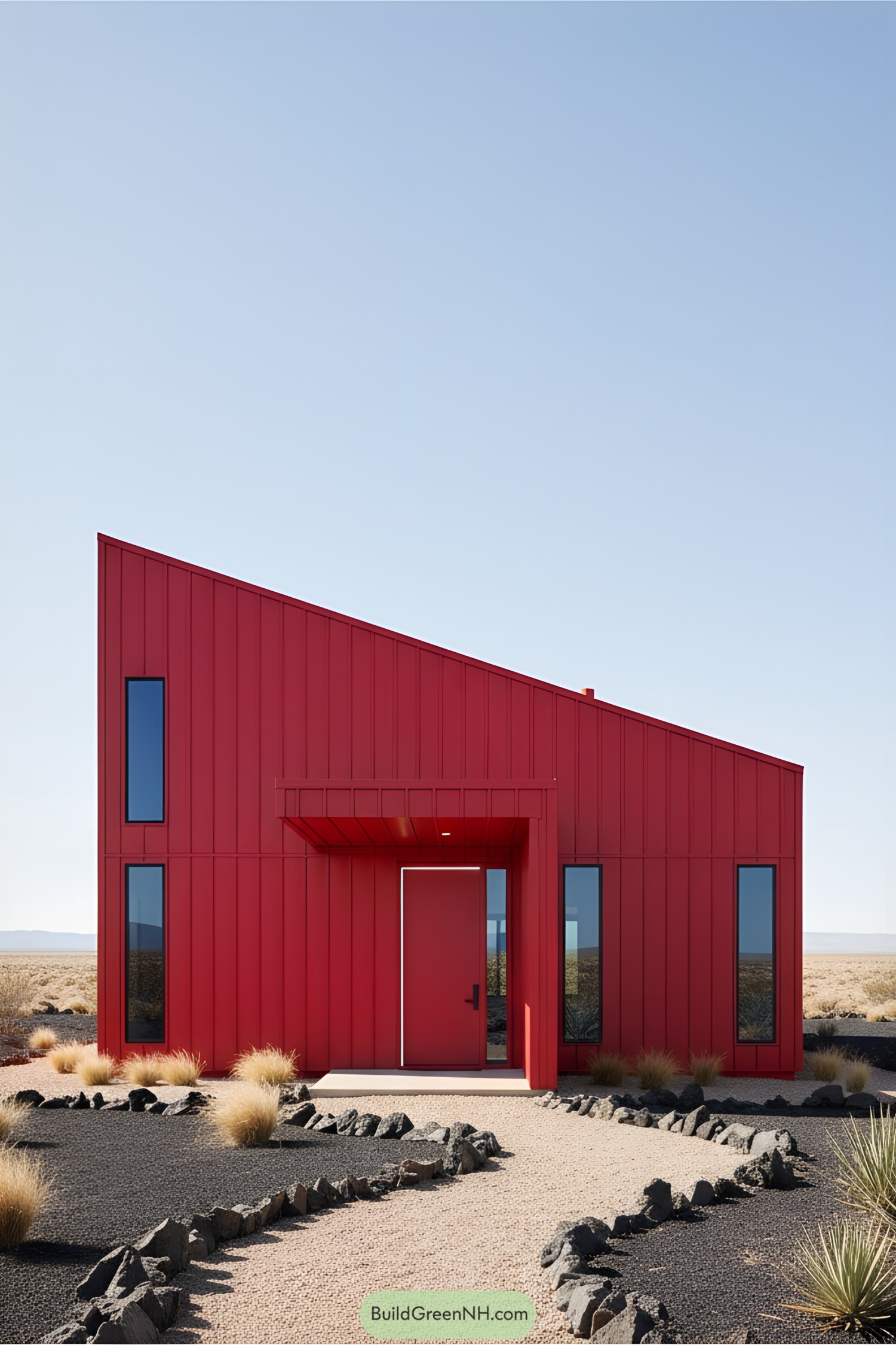 Modern red house with angular design in a desert setting