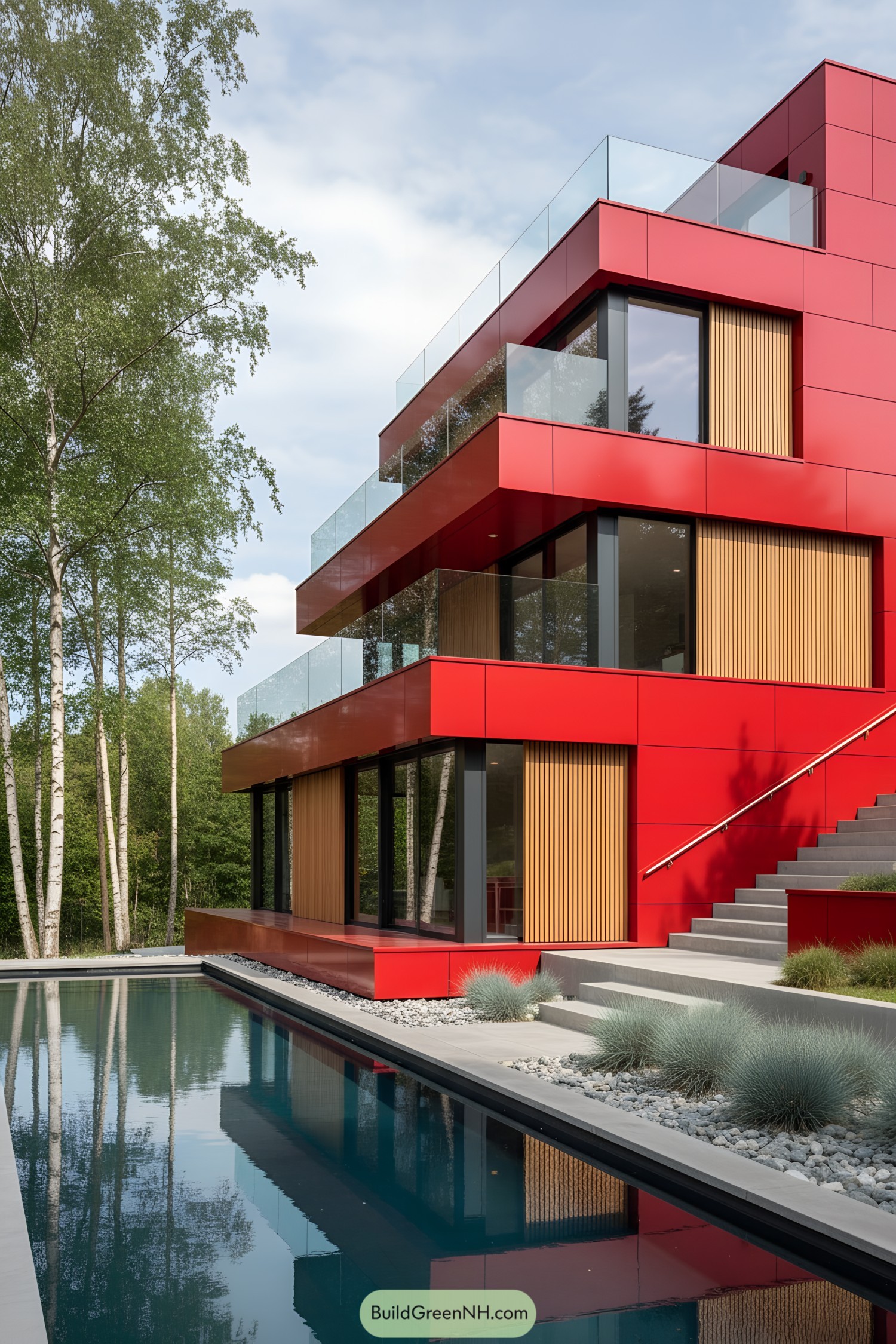 Modern red house with terraces and a pool