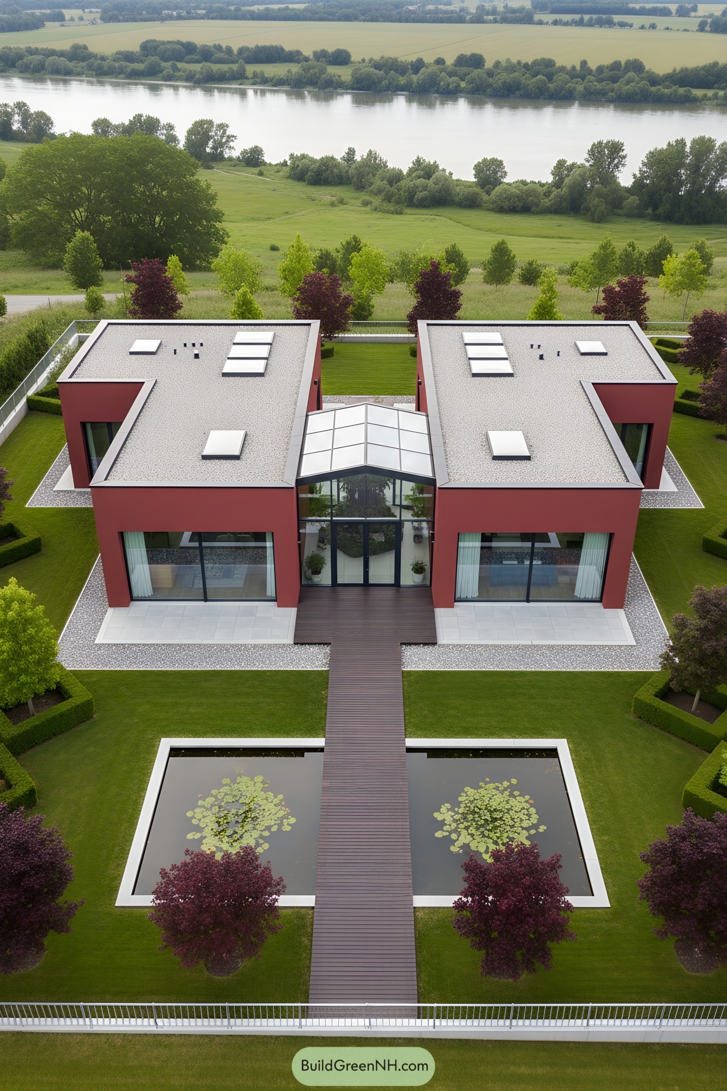 Red modern house with symmetrical design and ponds