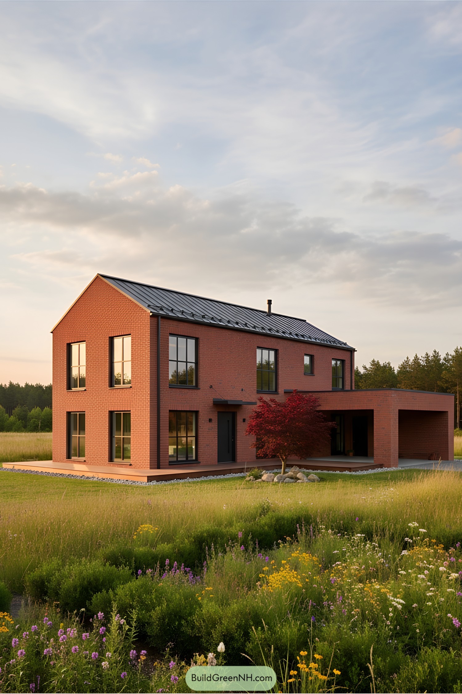 Contemporary red brick house in a serene setting