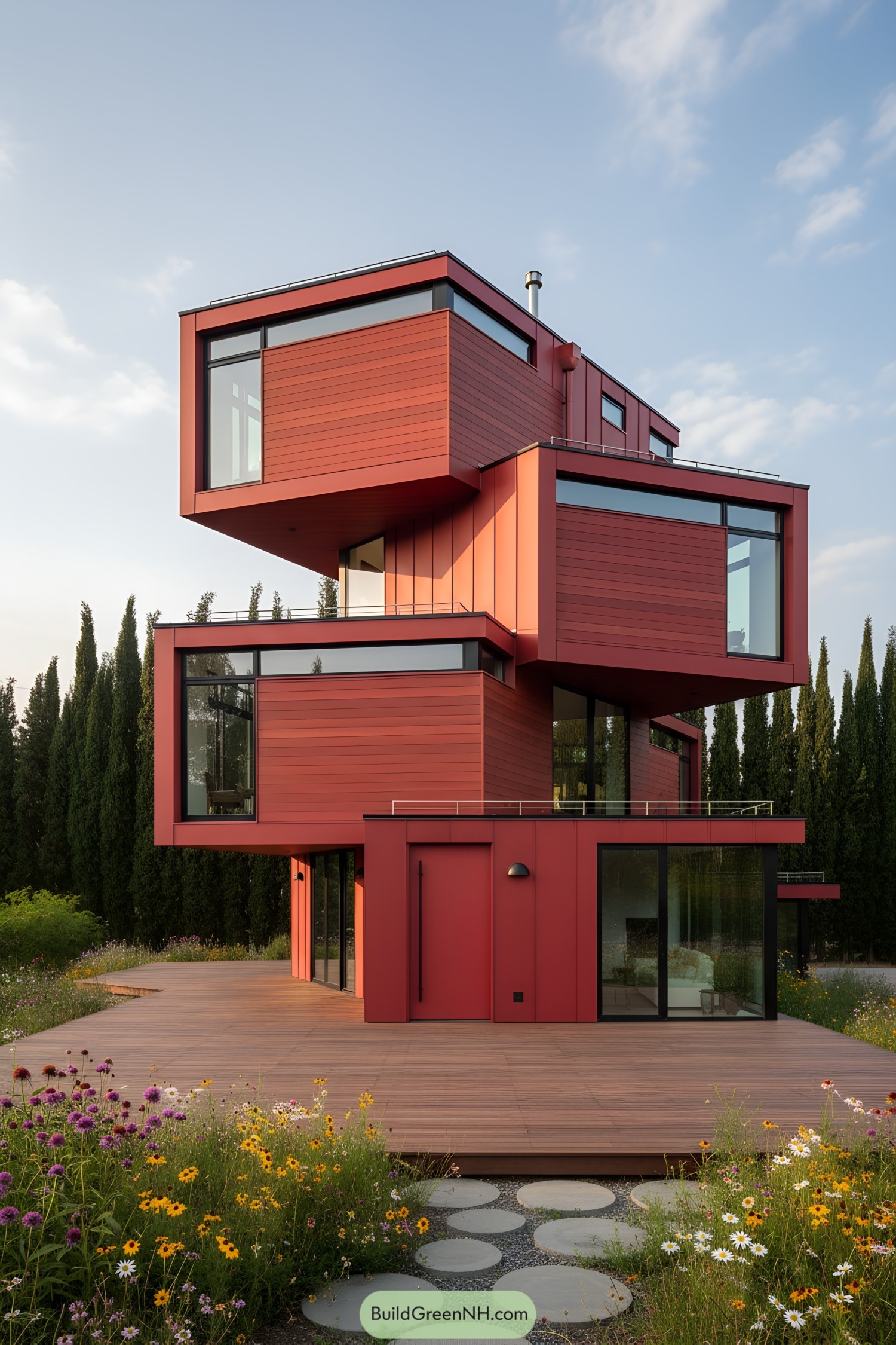 Red modern house with large windows and geometric design, surrounded by greenery