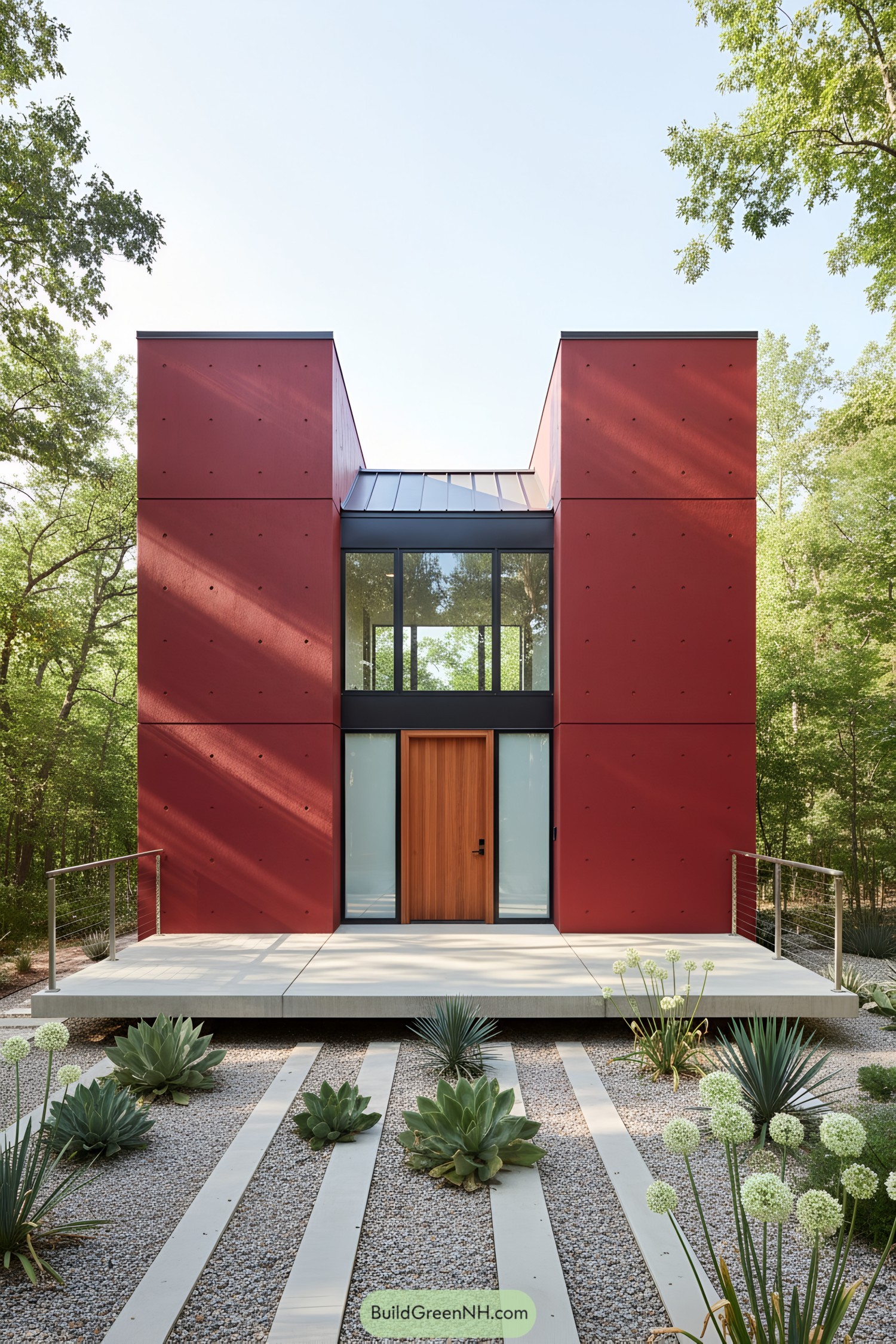 Compact red modern house with wooden door