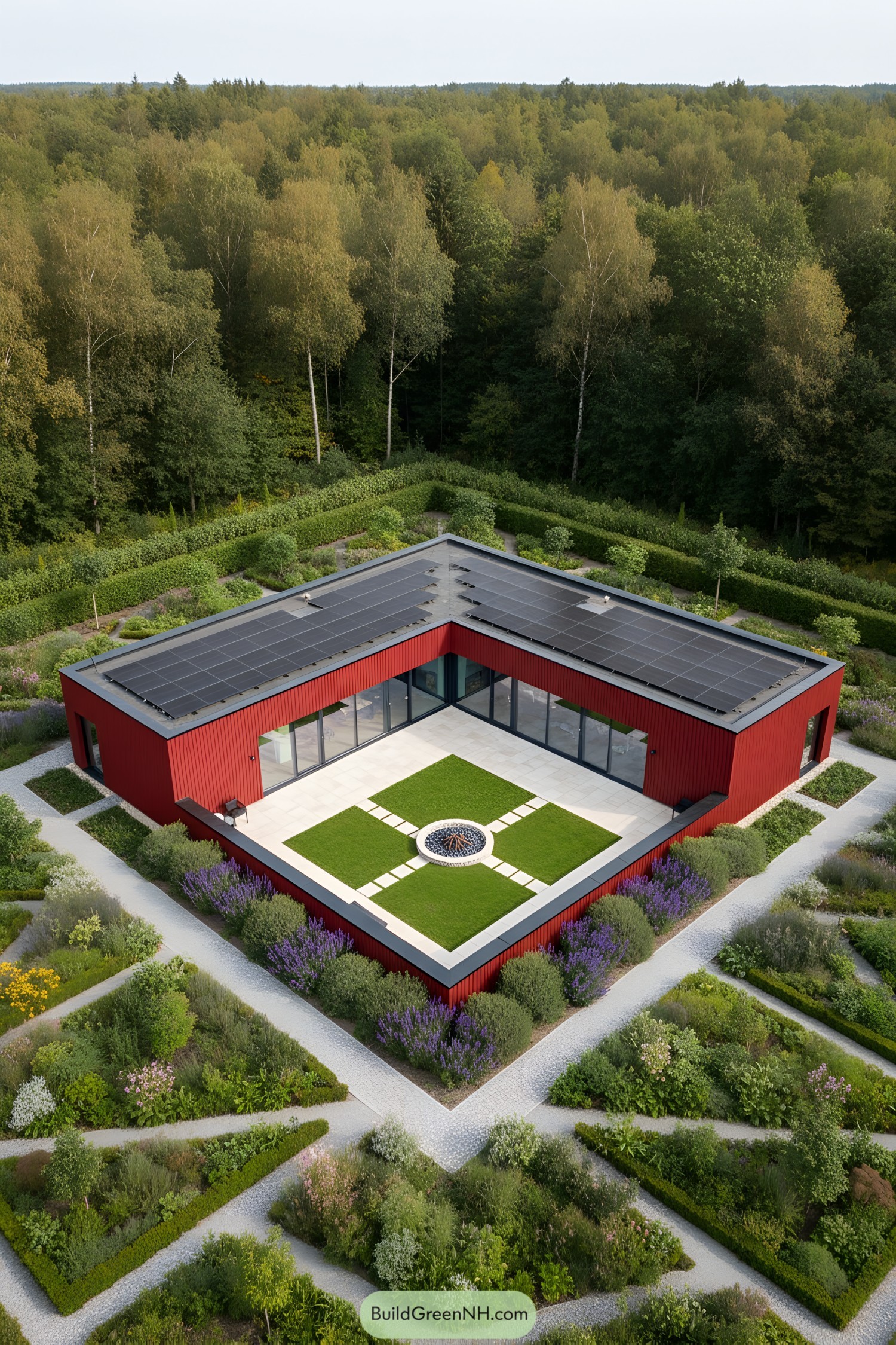 Modern red house with courtyard and garden