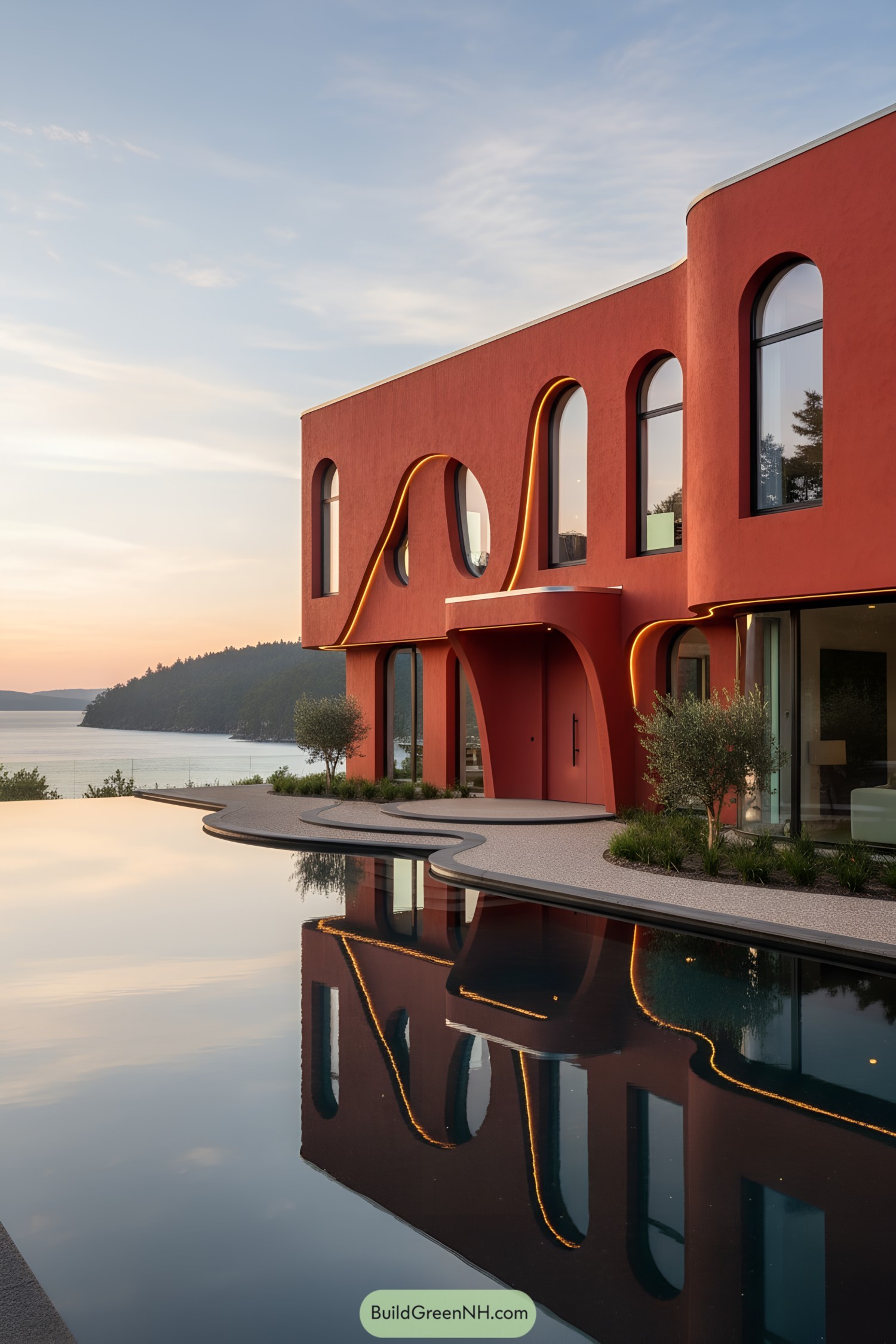 Modern red house with curved design and coastal view