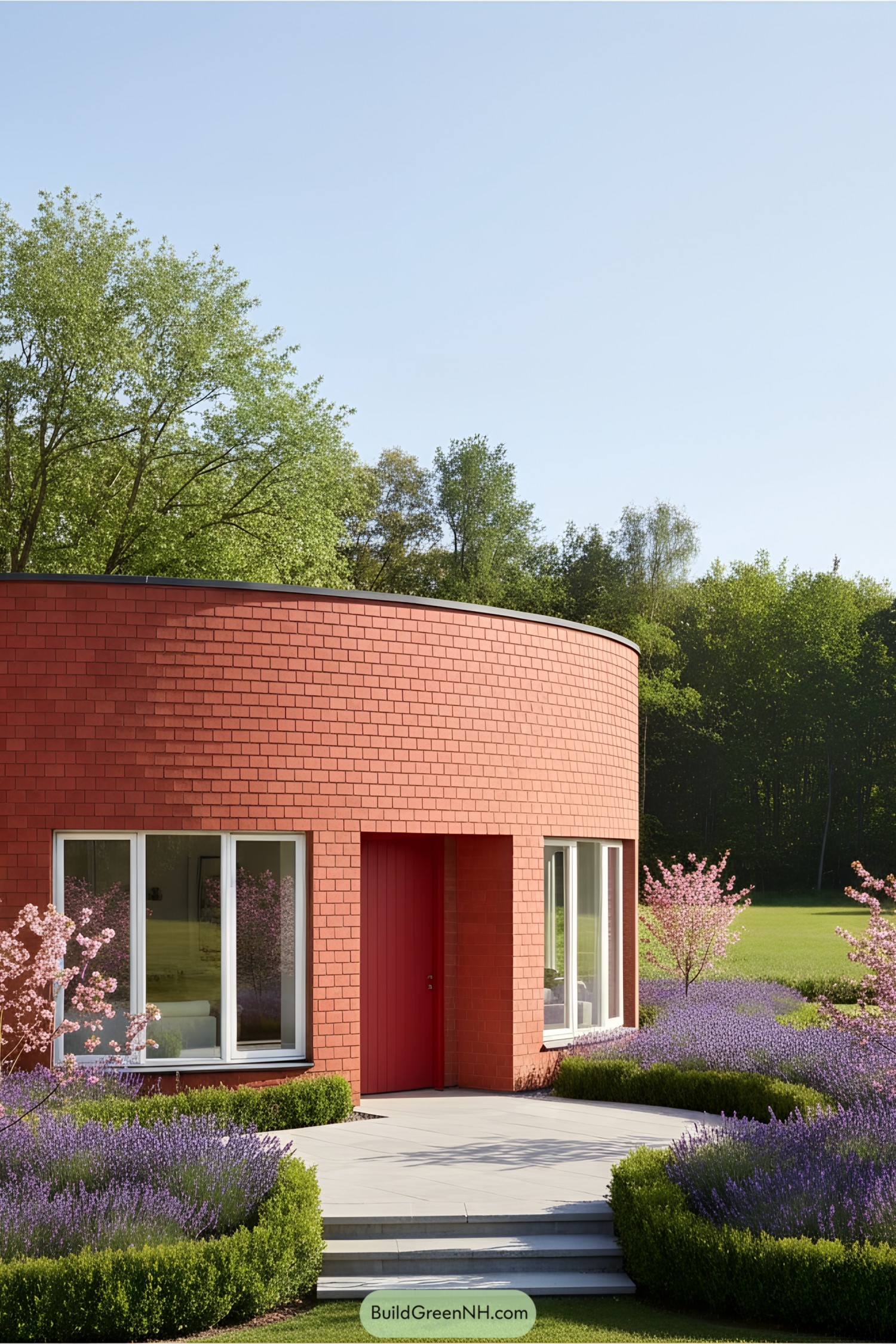 Circular red house with a lush green backdrop and floral garden