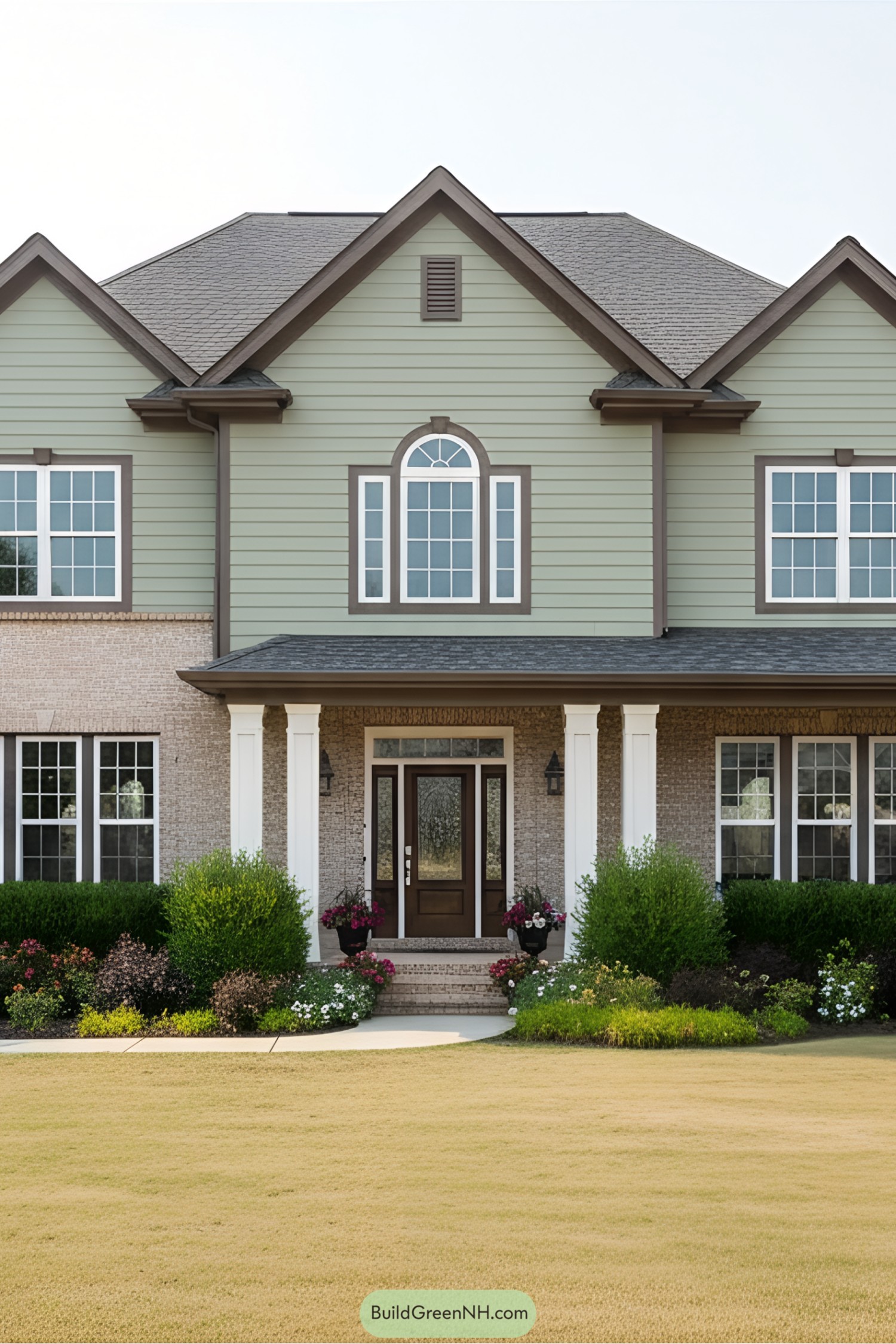 Elegant suburban house with green siding and a manicured lawn