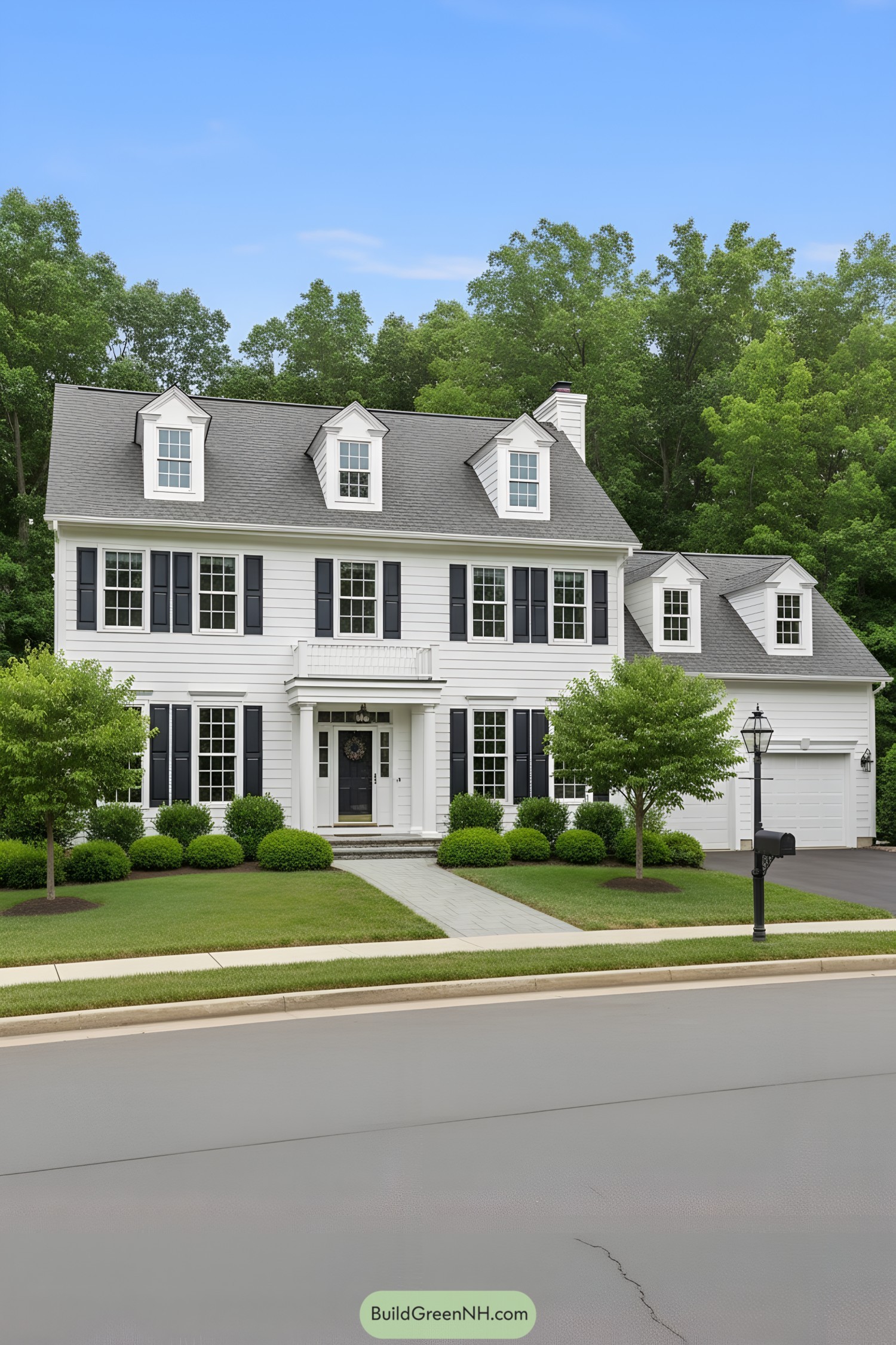 Elegant suburban home with black shutters, surrounded by greenery