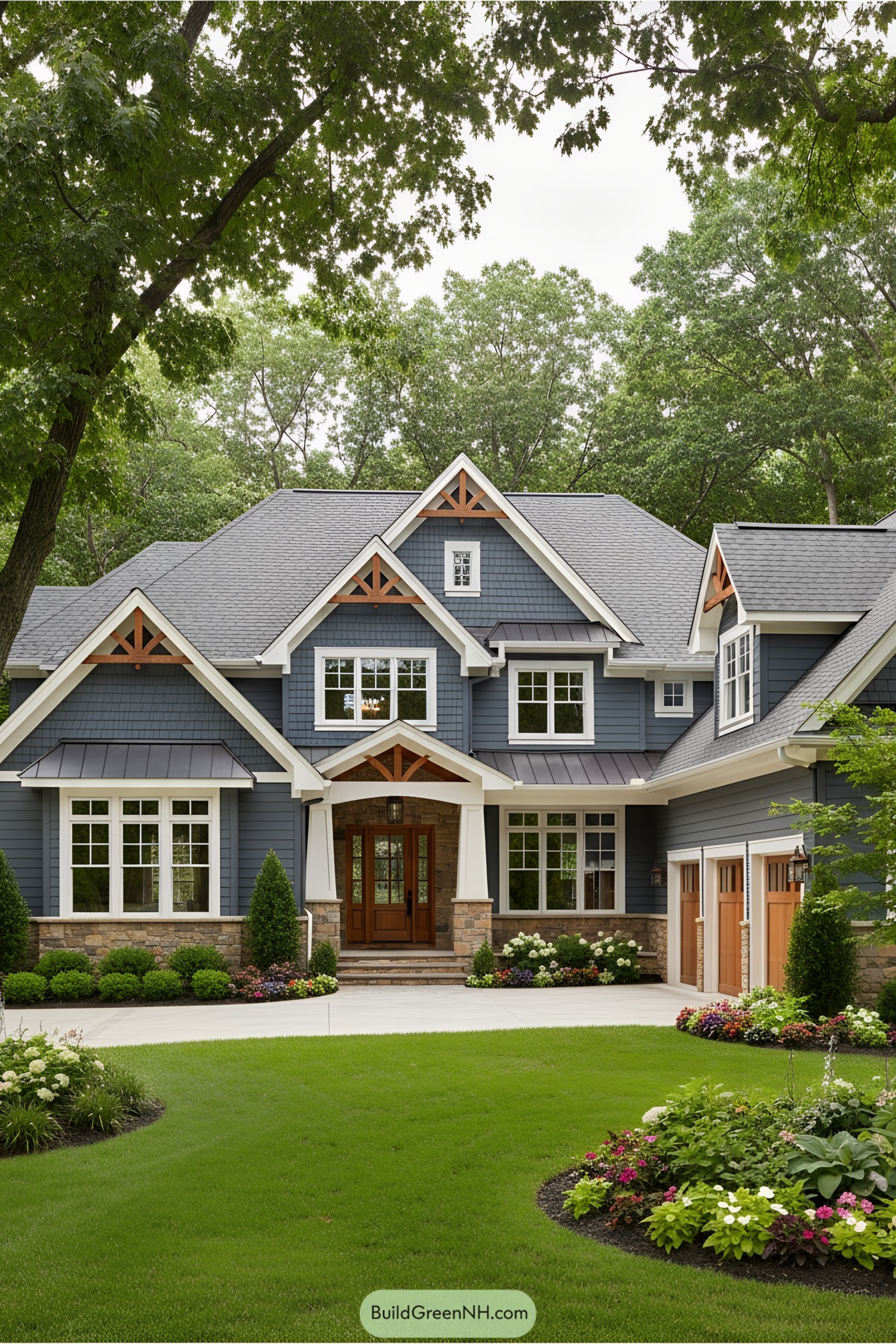 Elegant suburban home with lush lawn and wooden accents