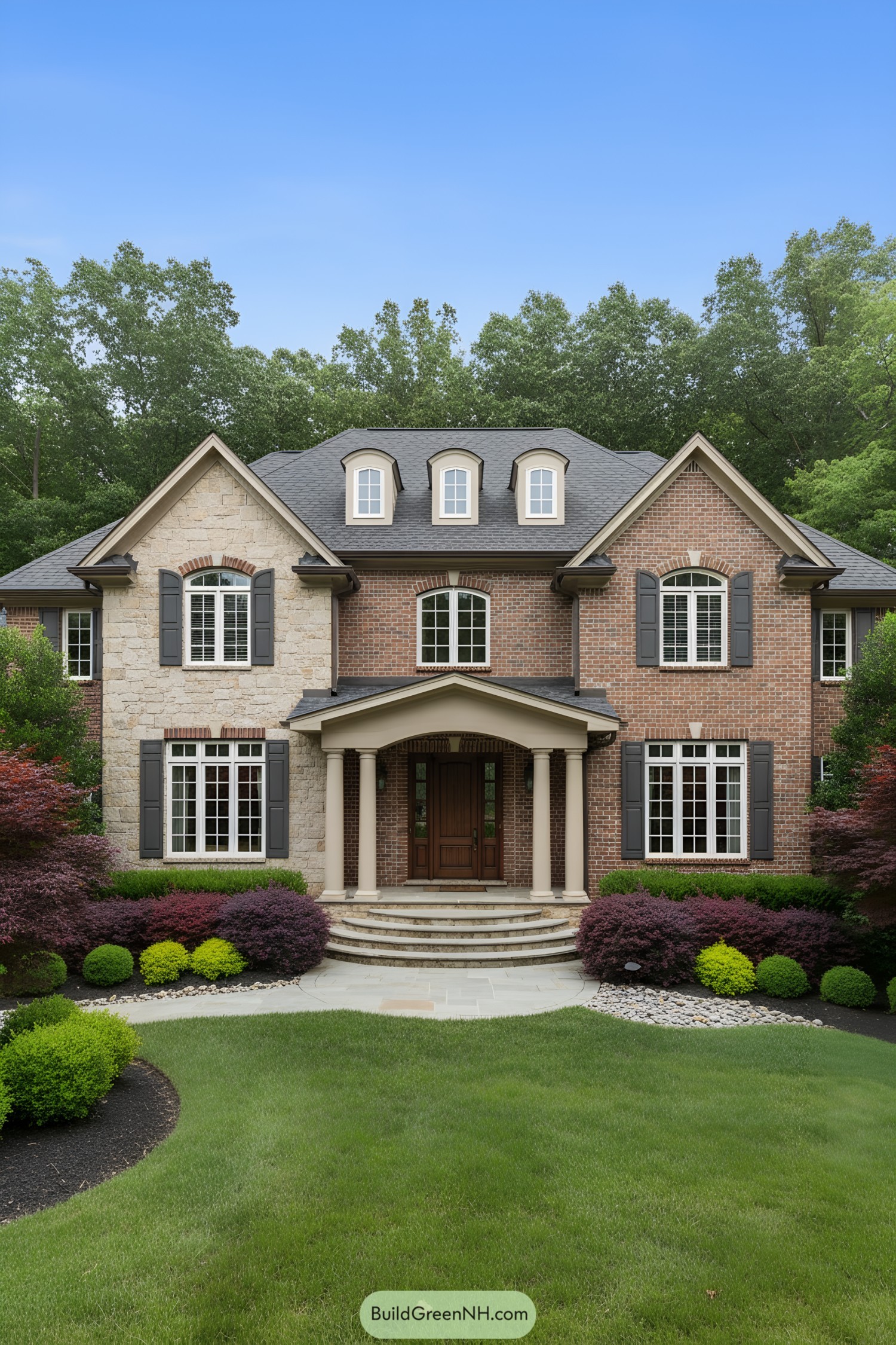 Elegant suburban house with manicured lawn and lush greenery