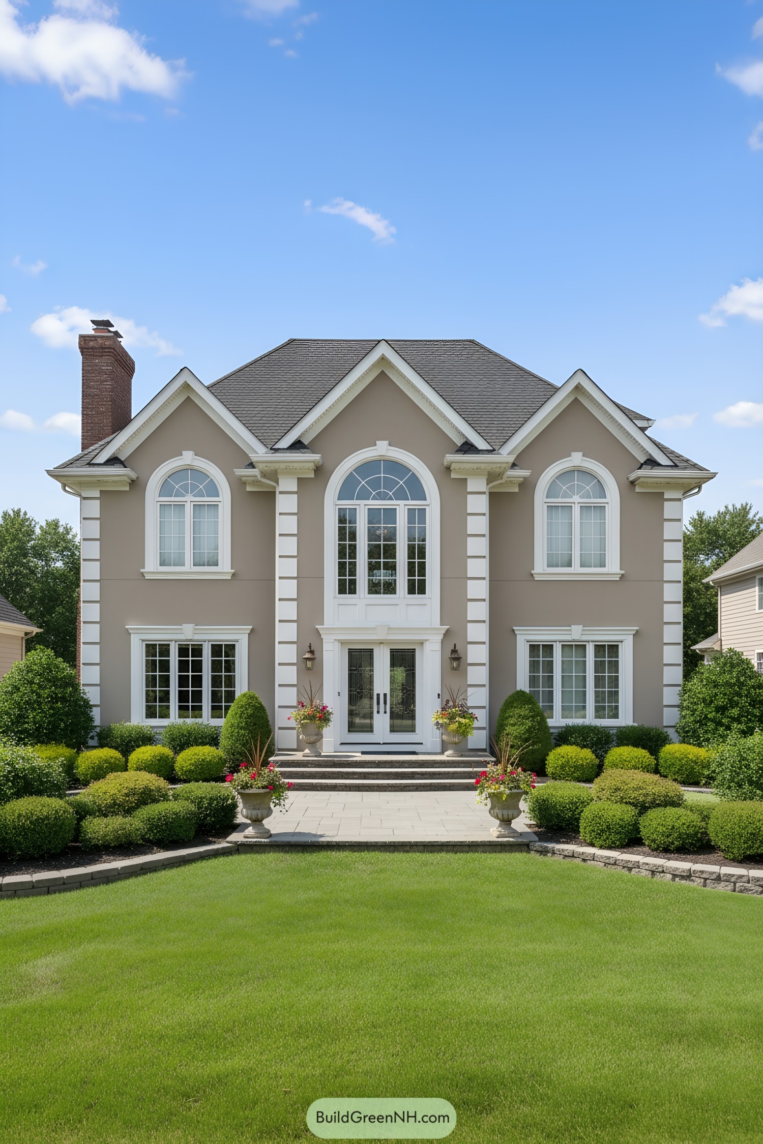 Elegant suburban house with manicured lawn and symmetrical design