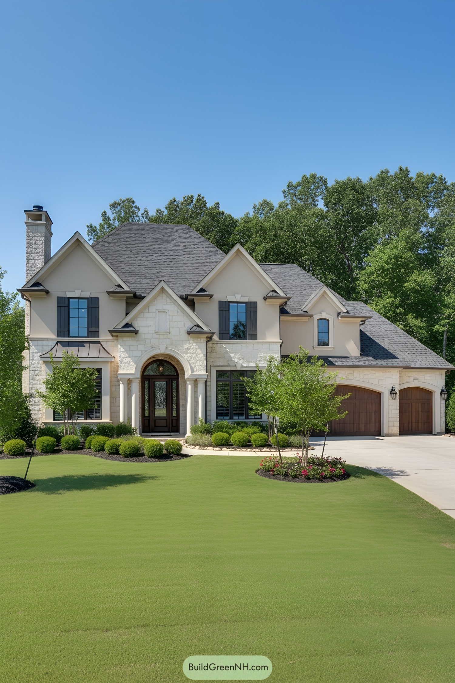 Elegant suburban house with manicured lawn