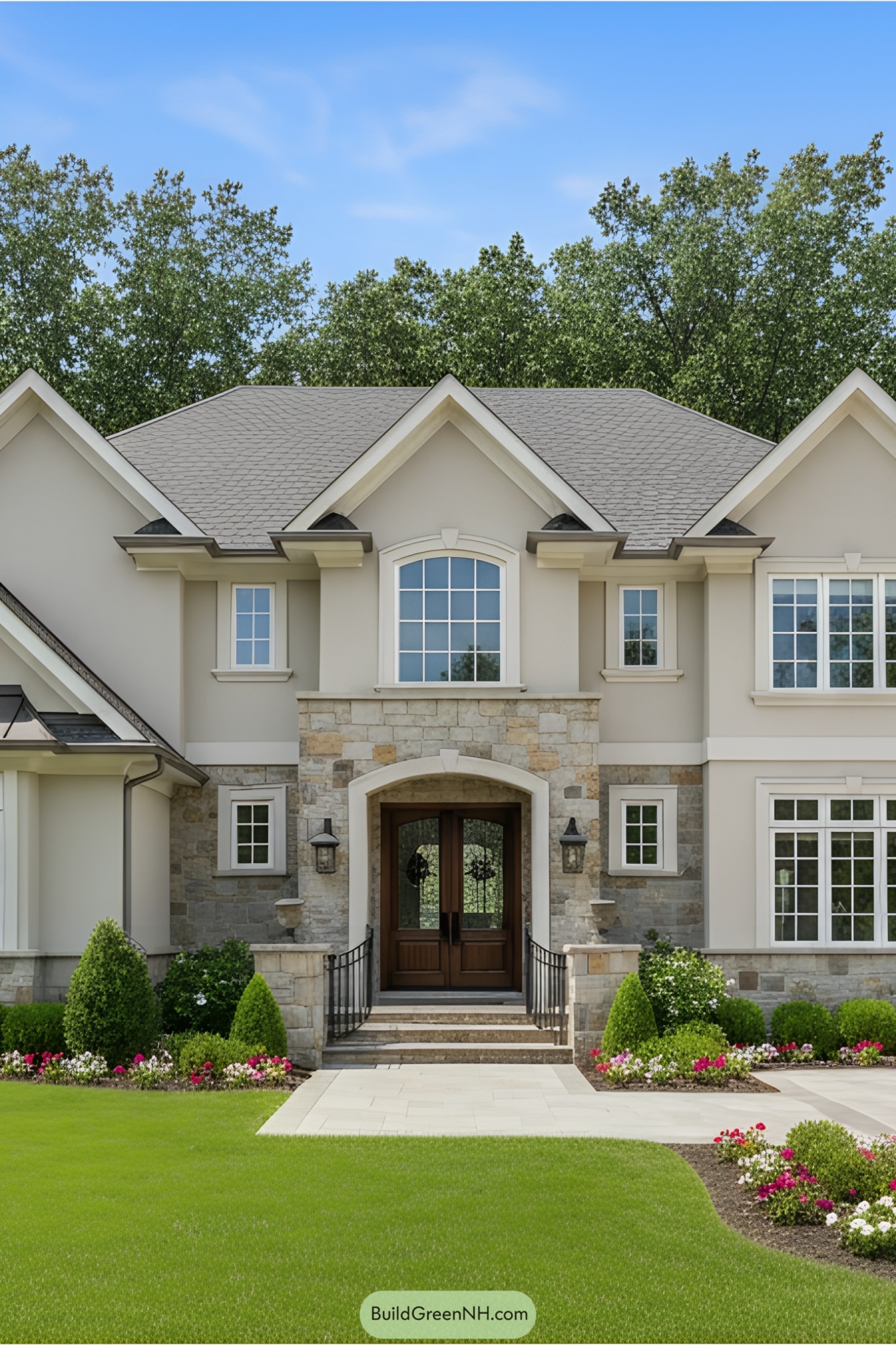 Elegant suburban house with lush landscaping