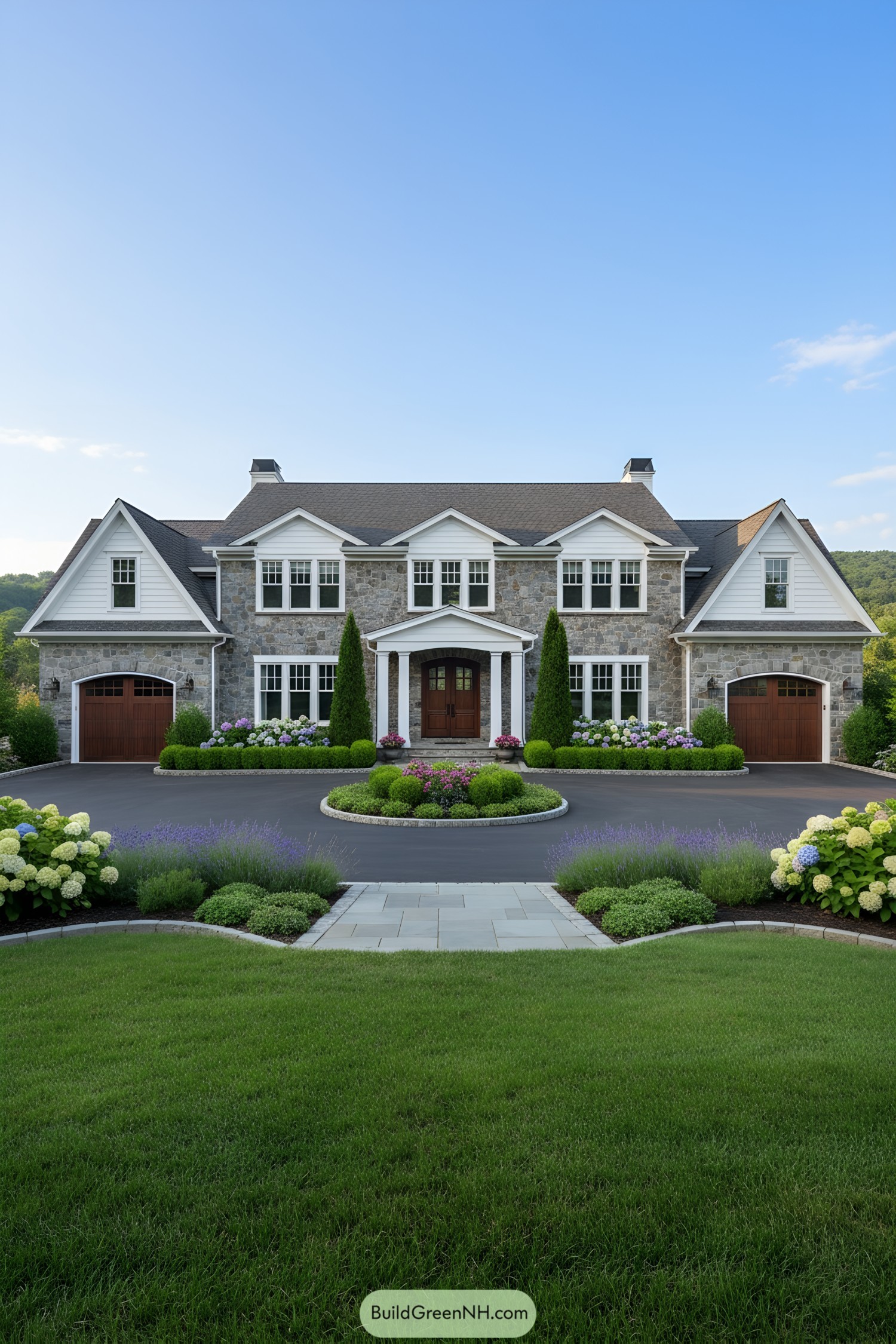 Elegant suburban house with stone facade and lush garden